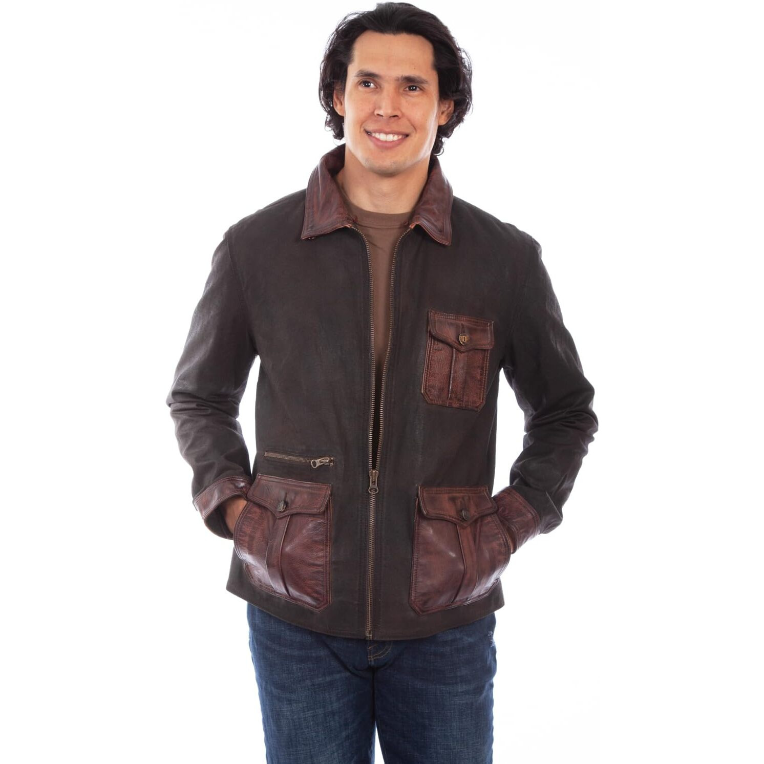 Scully Western Jacket Mens Canvas Leather Trim Zip L Brown F0_1087