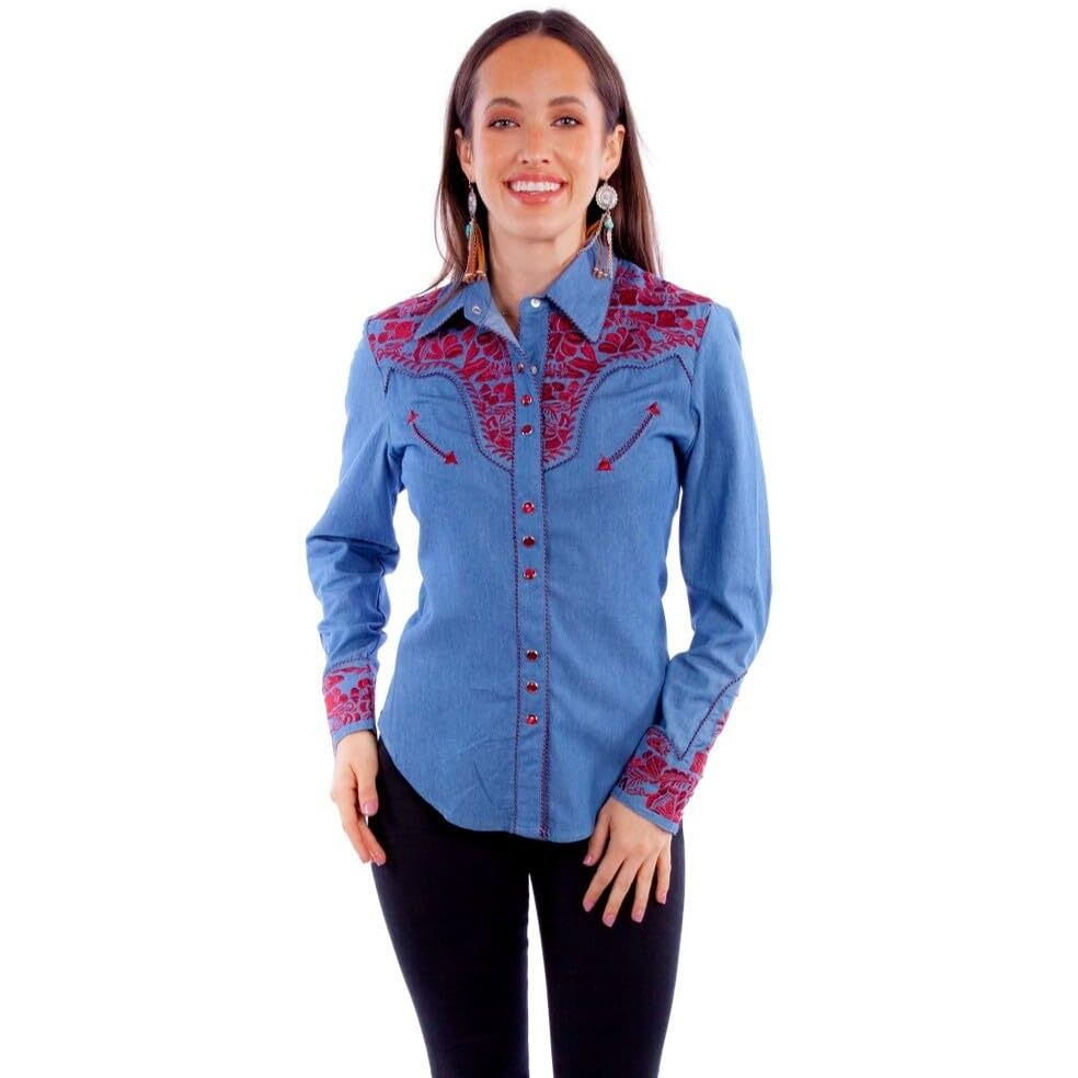 Scully Women's Floral Tooled Embroidered Long Sleeve Pearl Snap Western Shirt - PL-654-BCN X- US
