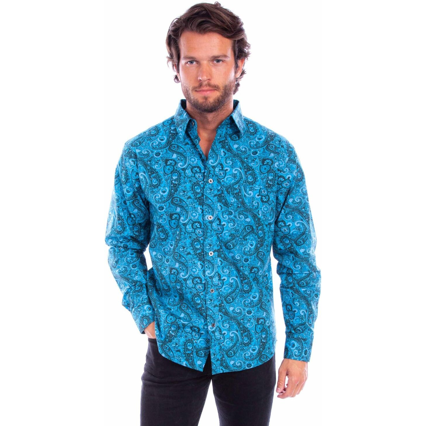 Scully Western Shirt Mens L/S Worn Out's Paisley L Aqua F0_WO003