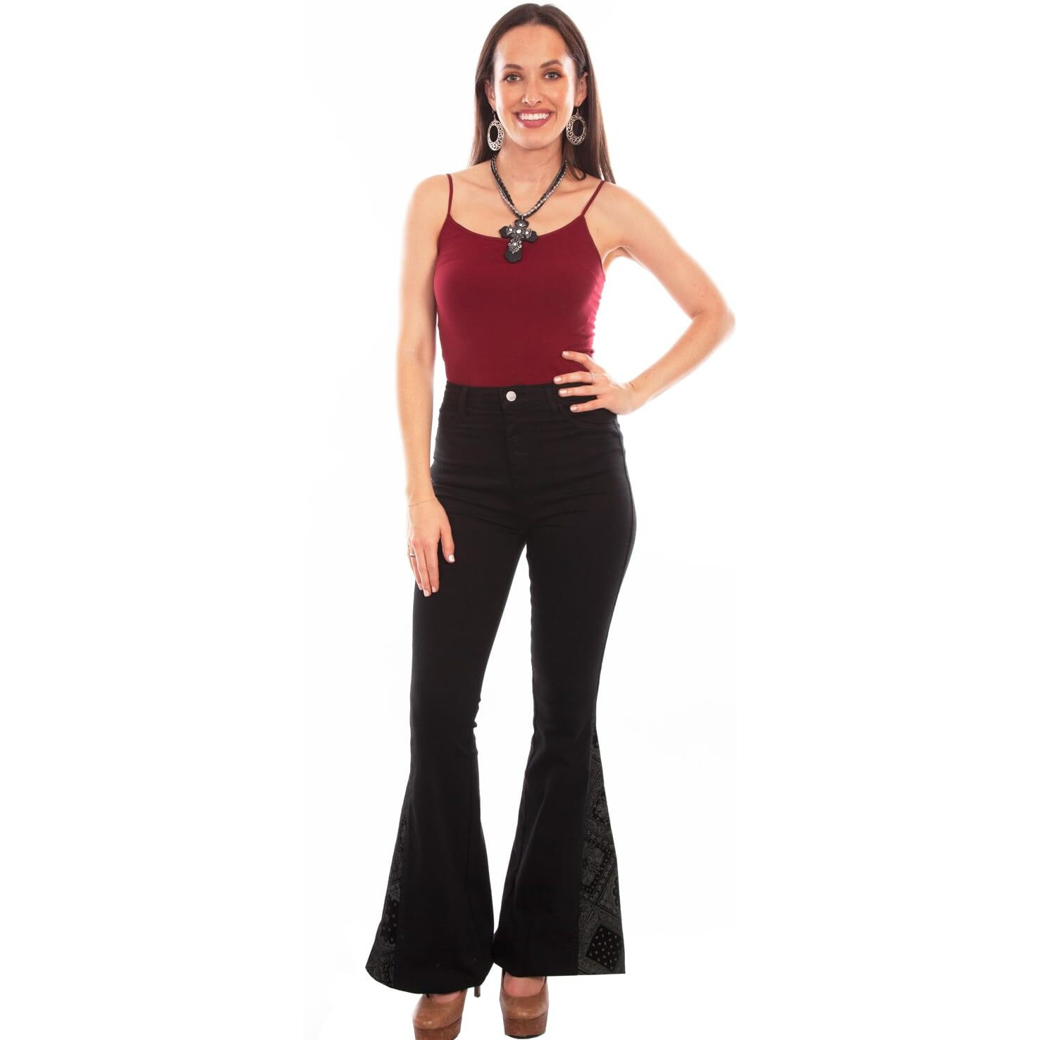 Scully Western Jeans Womens Bandana Inset Bell Bottom 8 Black F0_HC782