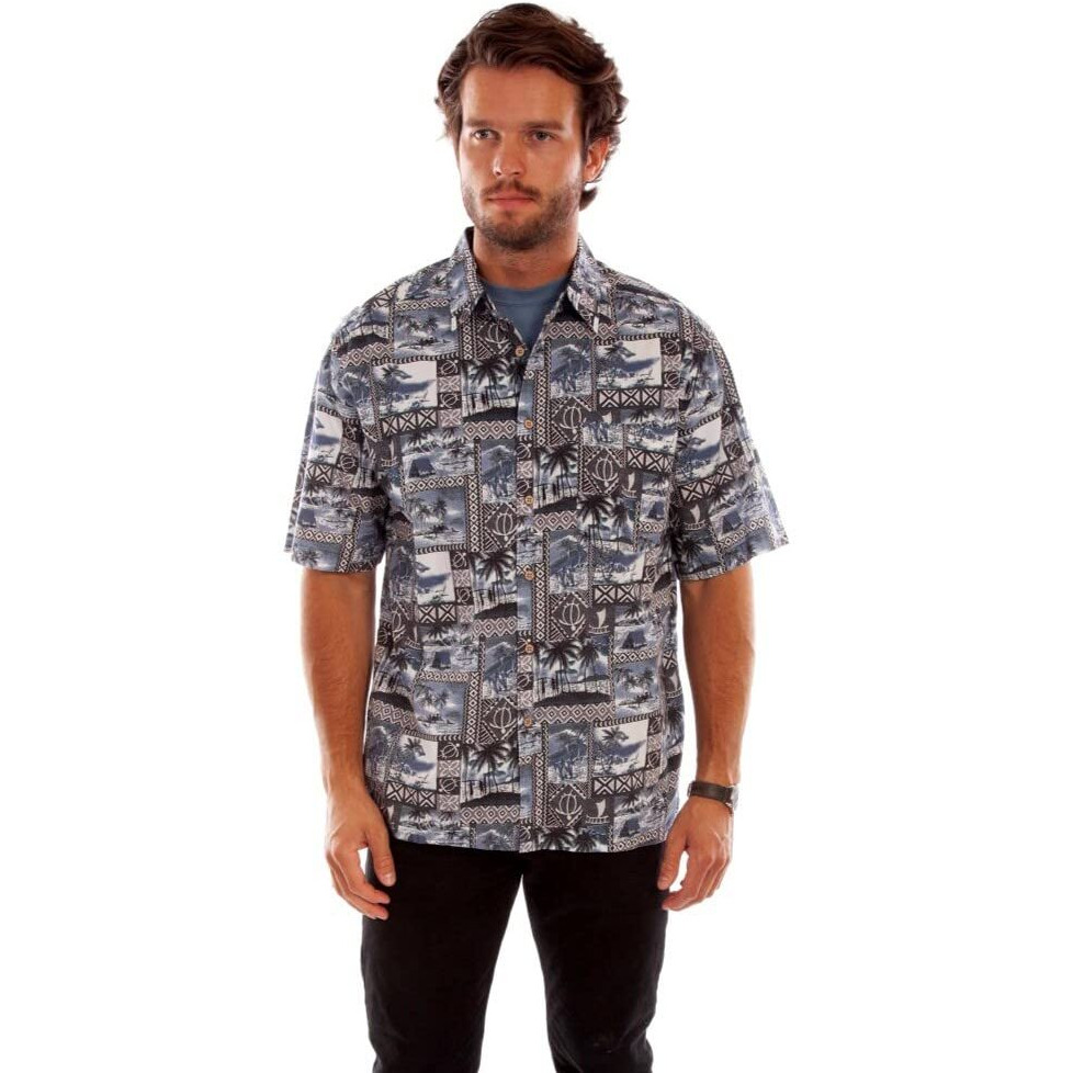 Scully Western Shirt Mens S/S Hawaiian Print S Midnight Sky F0_5351
