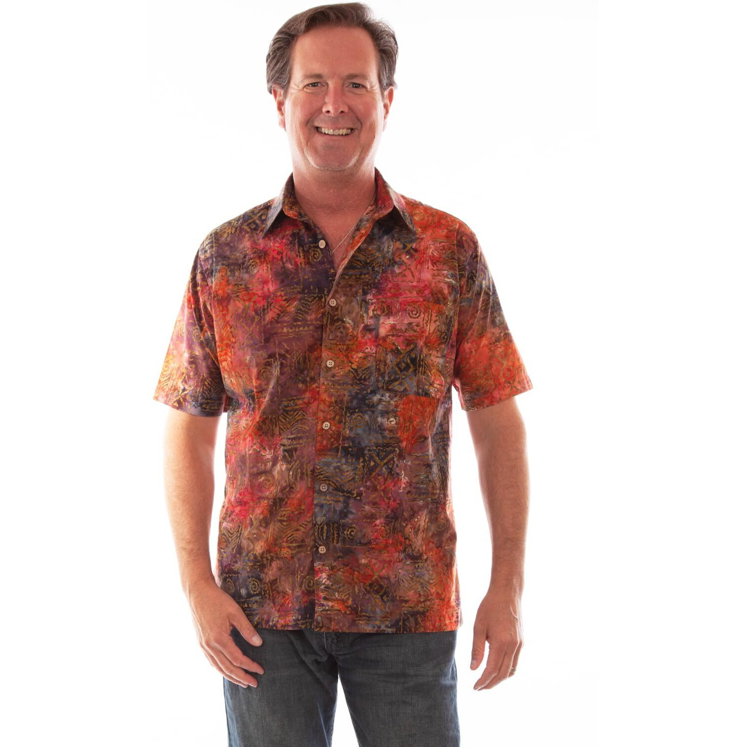 Scully Western Shirt Mens S/S Batik Abstract Print XL Currant F0_5320