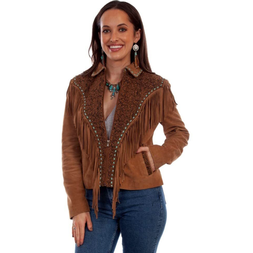 Scully Western Jacket Womens Leather Zip Front Fringe XL Tan F0_L1088