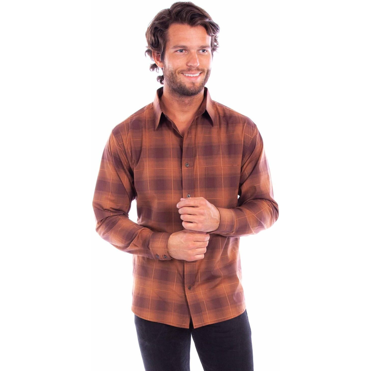 Scully Western Shirt Mens L/S Plaid Button XXL Brown F0_WO005