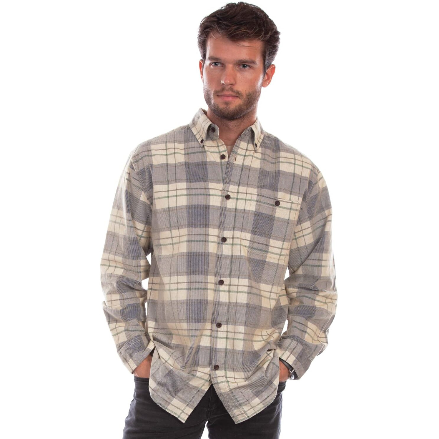 Scully Western Shirt Mens L/S Corduroy Plaid XXL Blue Tan F0_5334