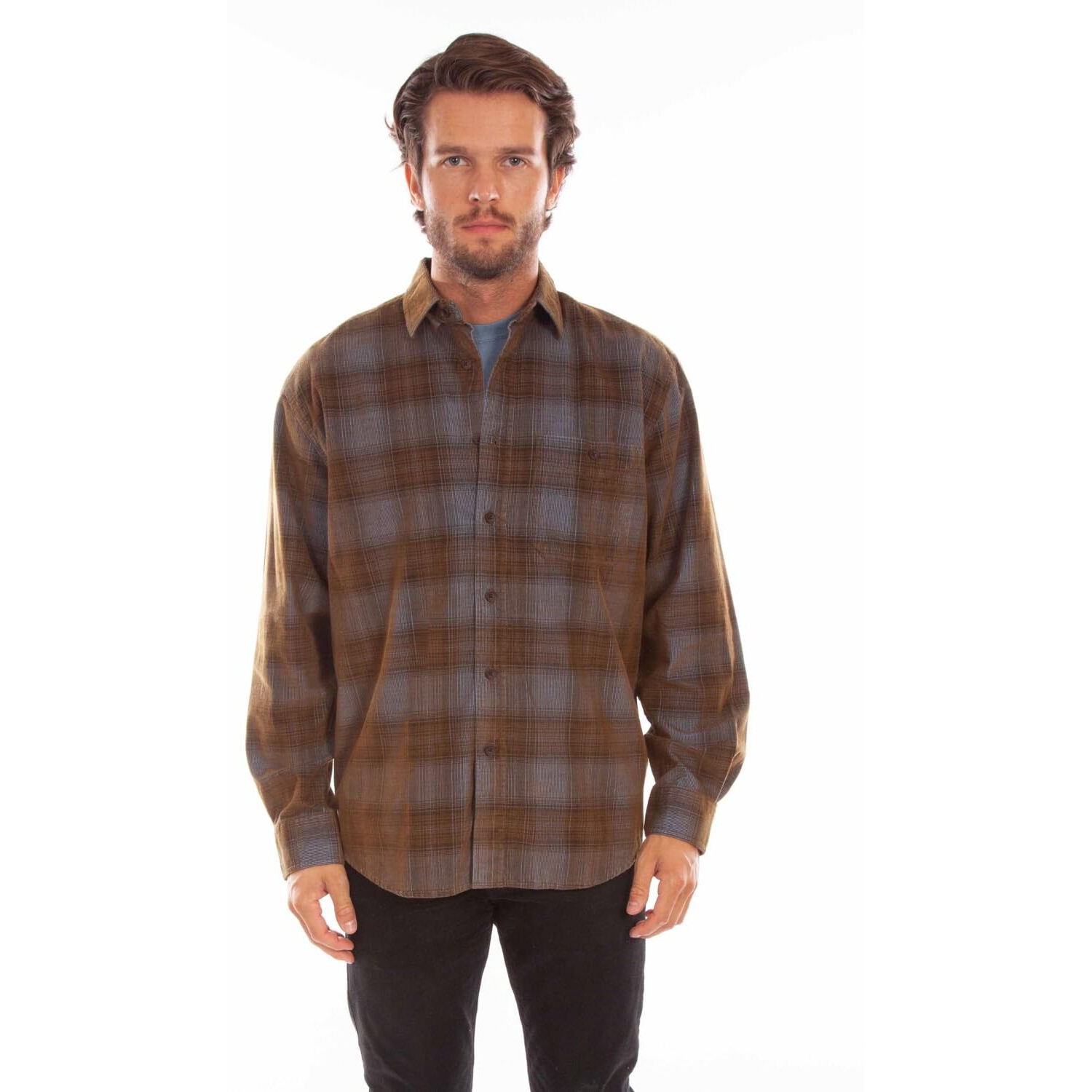 Scully Western Shirt Mens L/S Corduroy Plaid S Blue Brown F0_5342