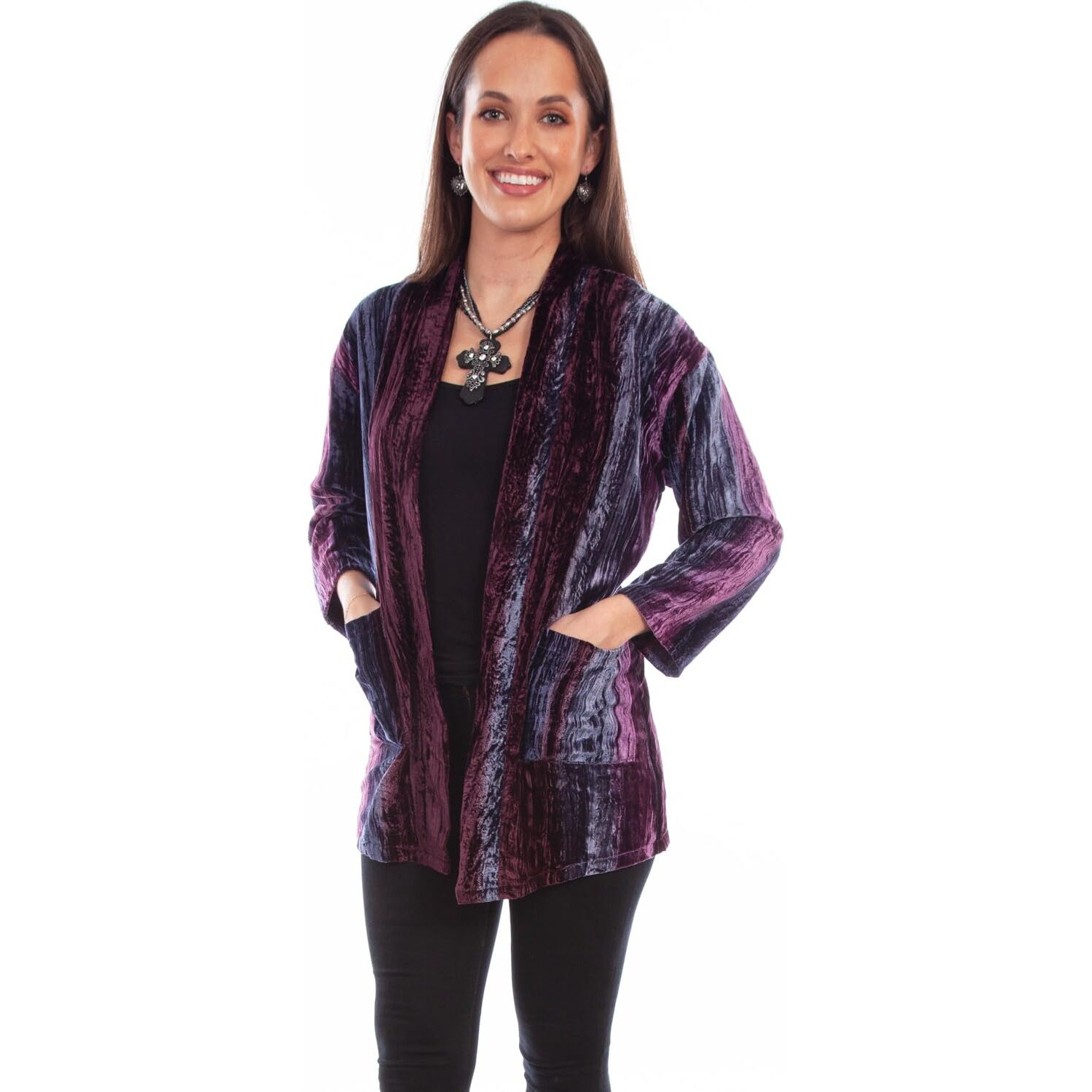 Scully Western Cardigan Womens L/S Velvet Pockets L Plum F0_HC797