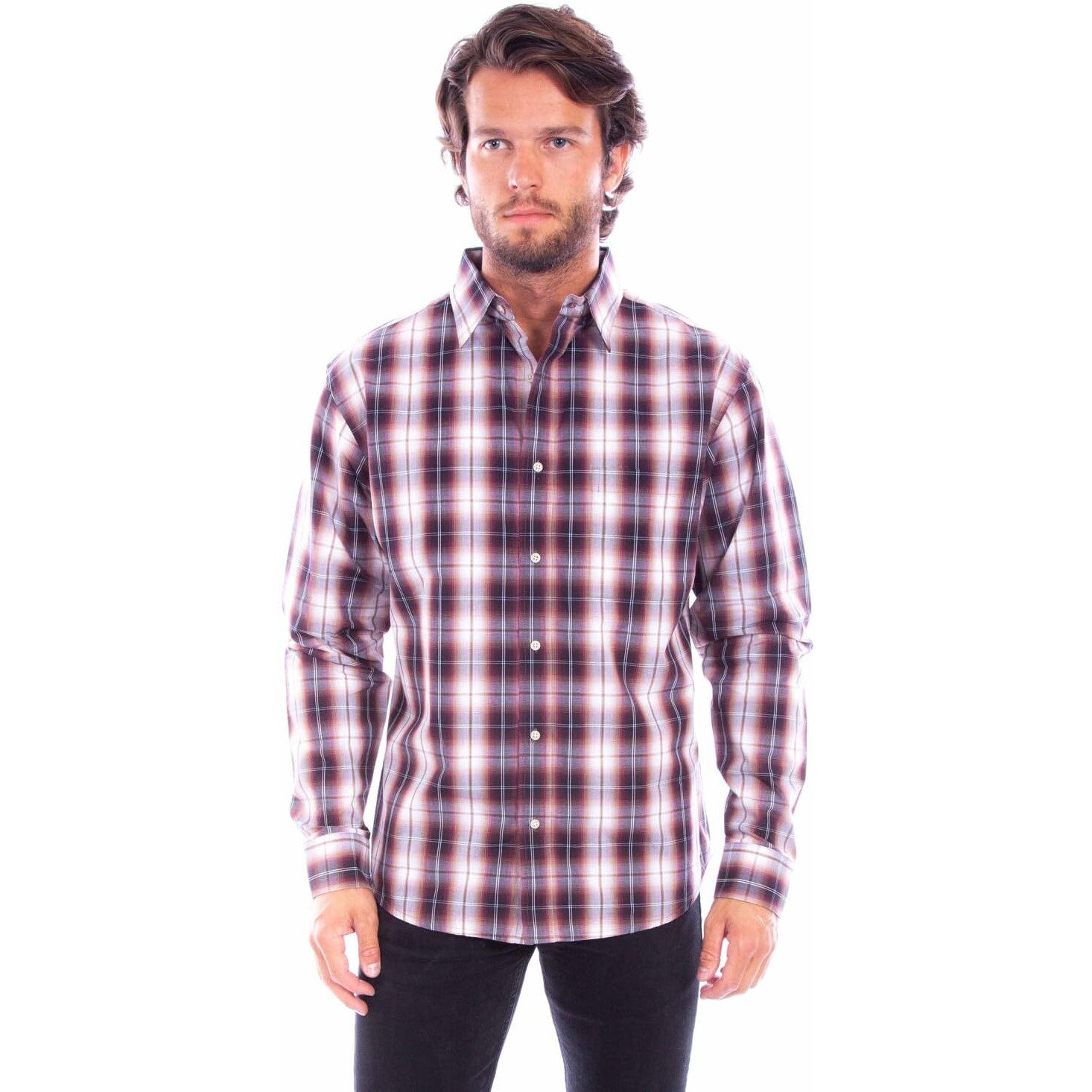 Scully Western Shirt Mens L/S Plaid Button XXL Burgundy F0_WO006