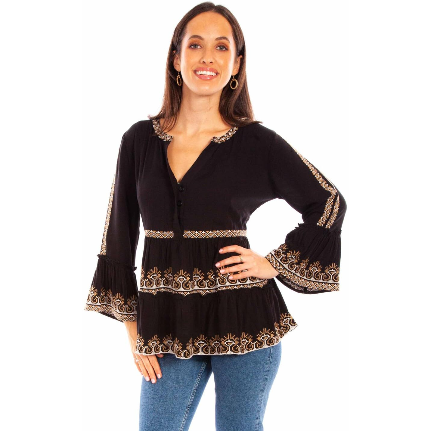 Scully Western Shirt Womens L/S Ruffled Embroidered XXL Black F0_HC882
