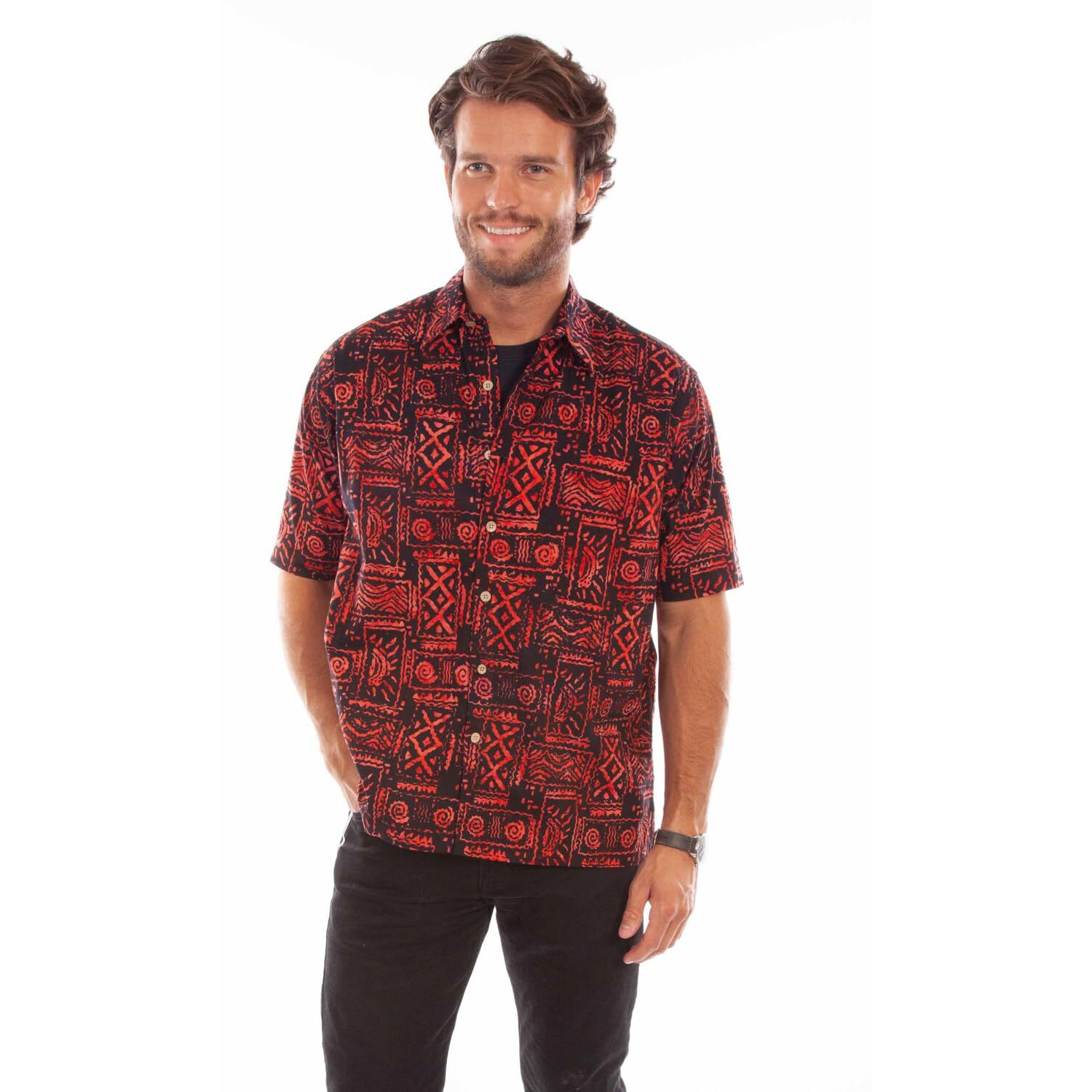 Scully Western Shirt Mens S/S Batik Tribal Pattern M Red F0_5348