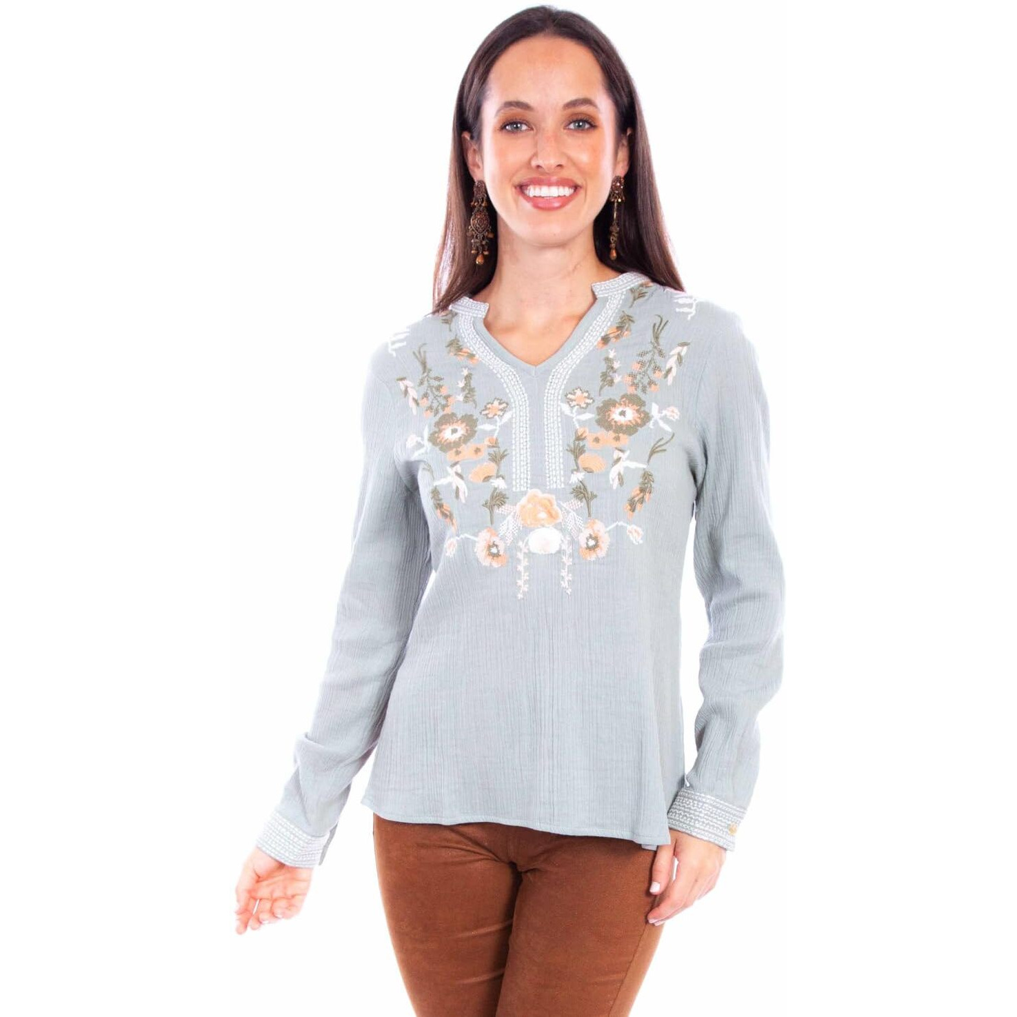 Scully Western Shirt Women L/S Split Neck Embroidered XL Sage F0_HC881