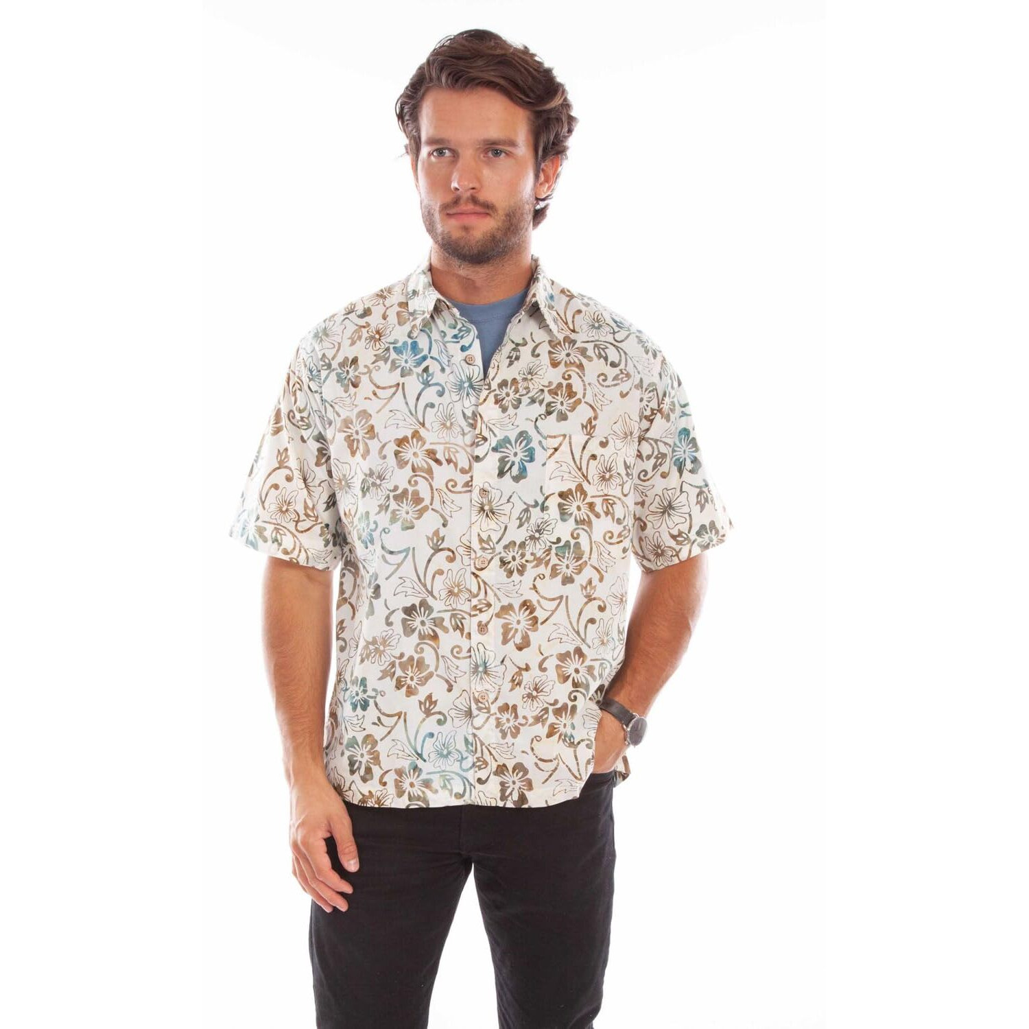 Scully Western Shirt Mens S/S Batik Floral Print L Natural F0_5347