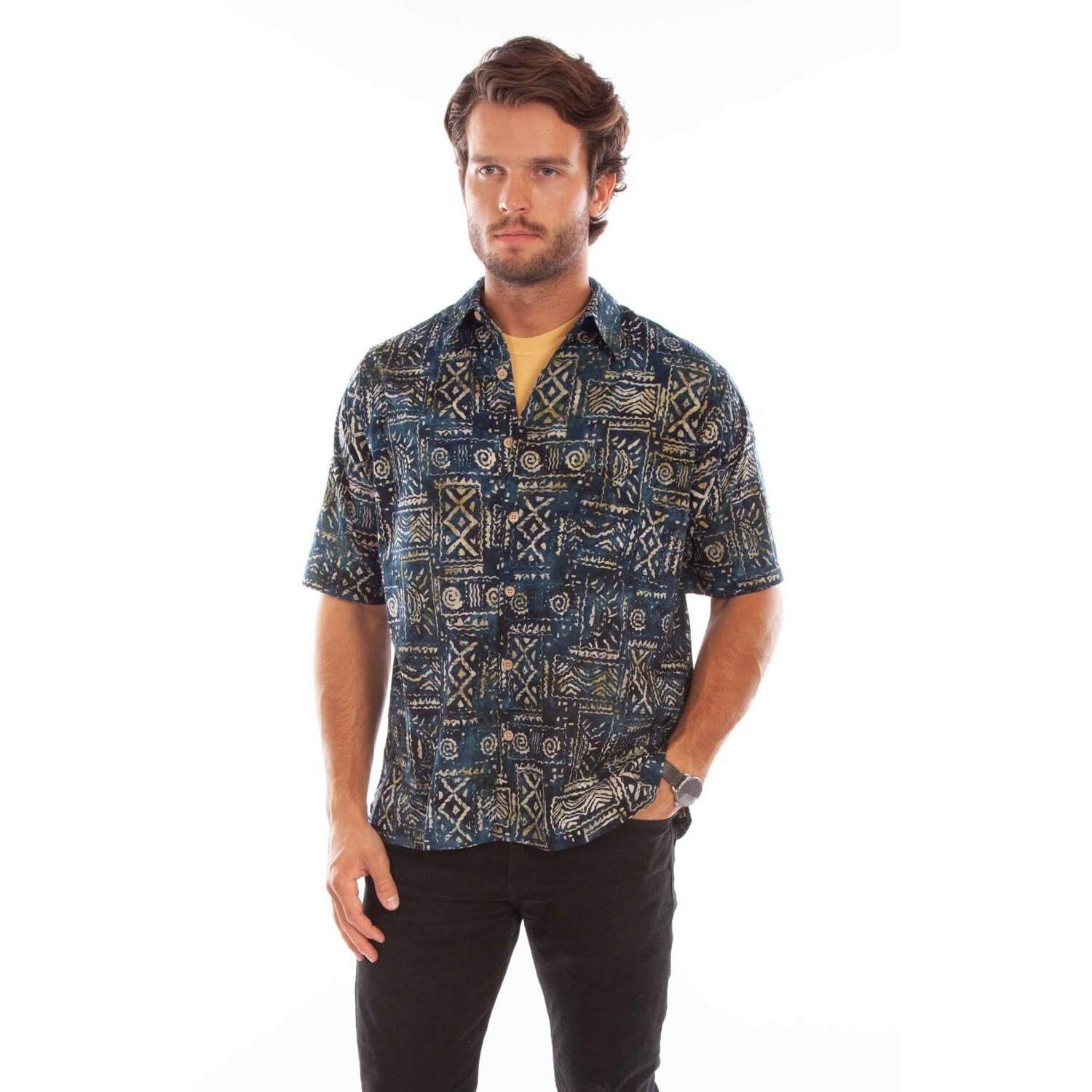 Scully Western Shirt Mens S/S Batik Tribal Pattern M Navy F0_5348