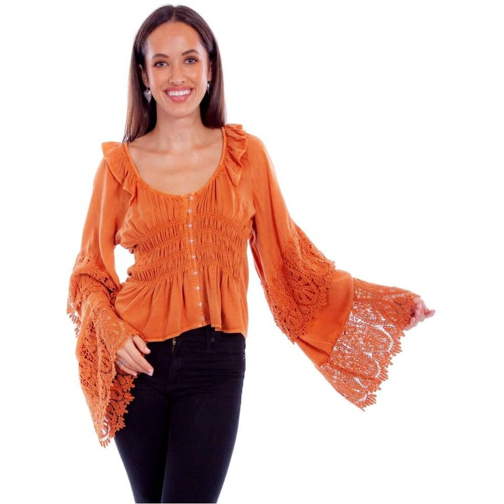 Scully Women's Long Sleeve Crochet Lace Trim Top - HC860 US Rust Copper