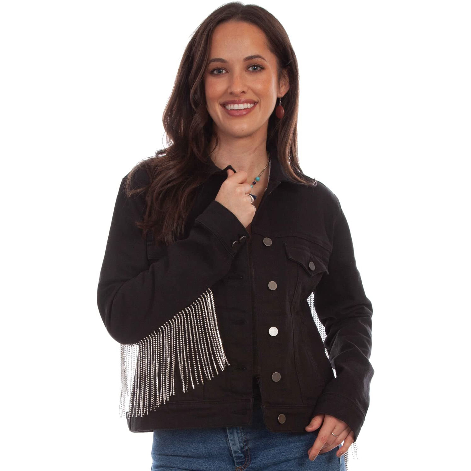 Scully Womens Black Cotton Blend Rhinestone Fringe Denim Jacket 4X