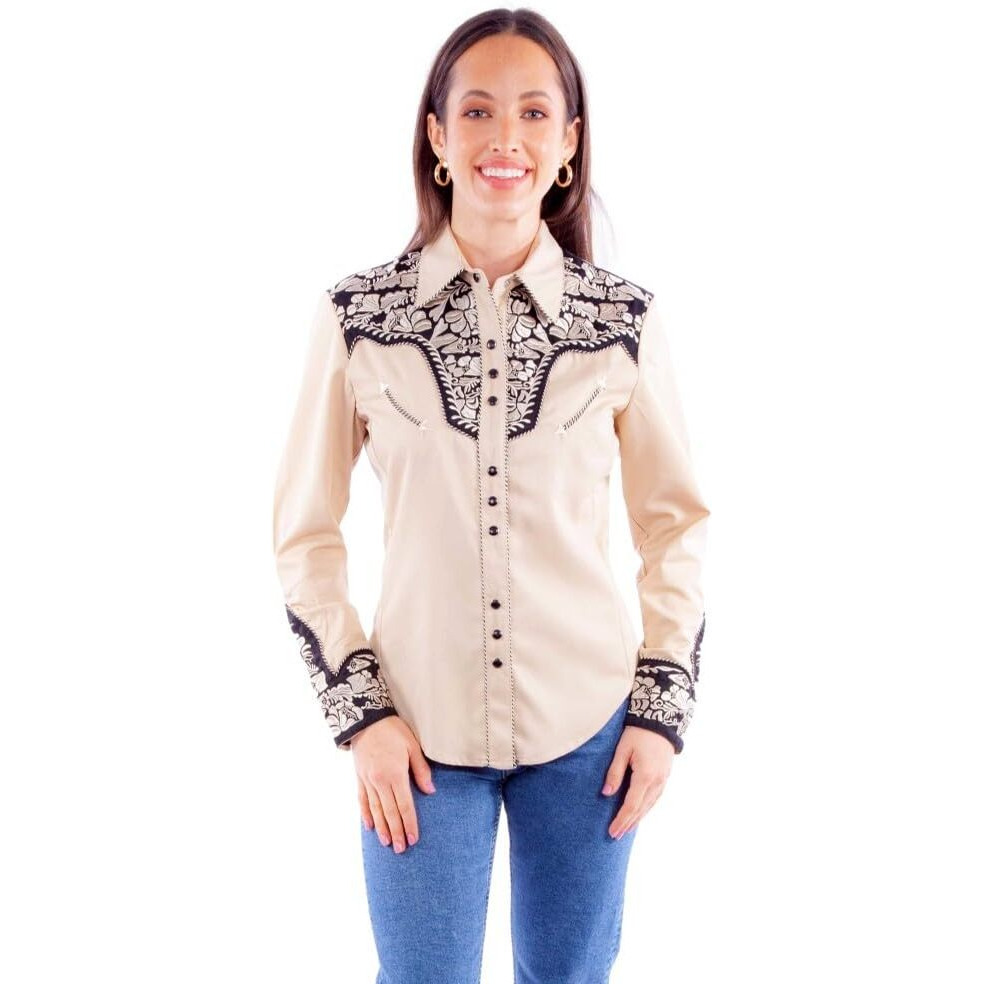 Scully Women's Floral Tooled Embroidered Long Sleeve Western Shirt - PL-654-TAN X- US