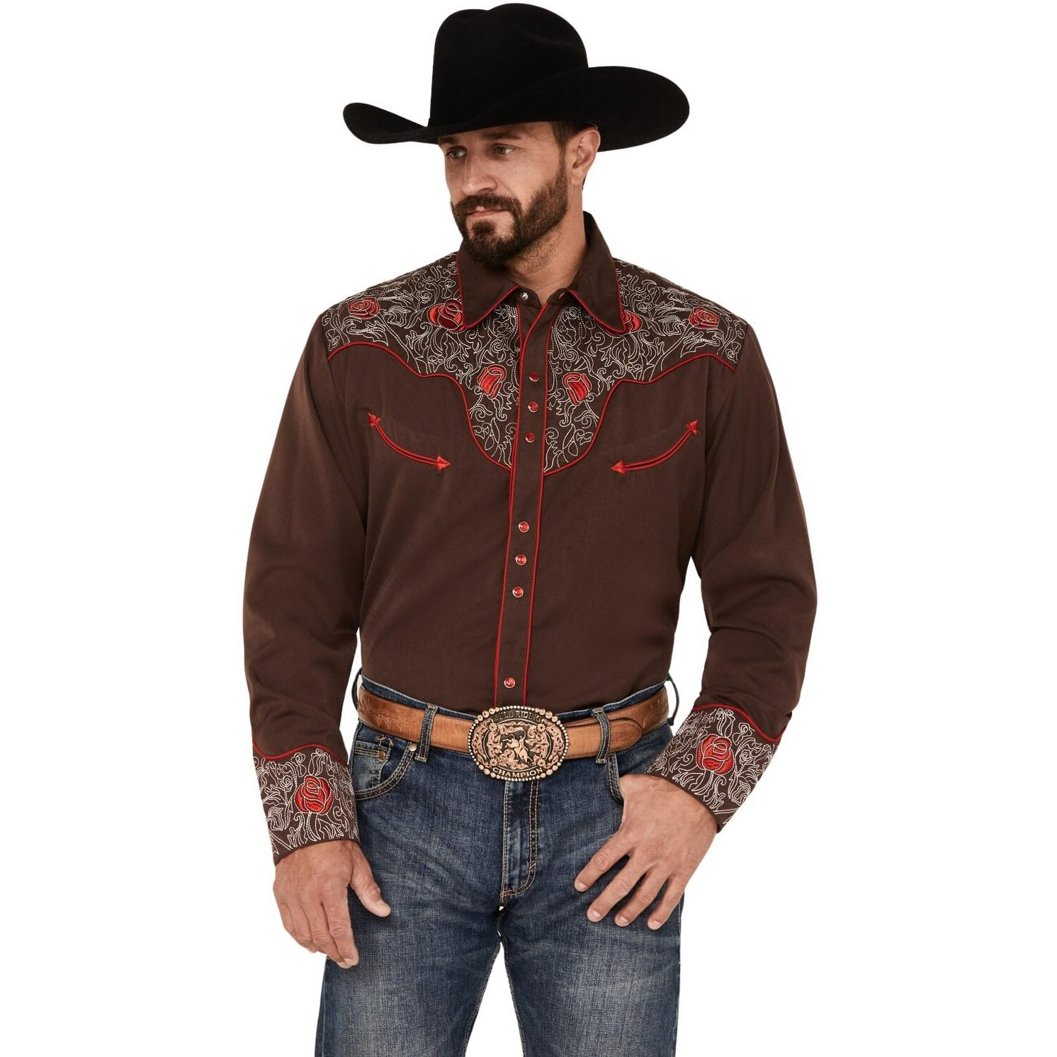 Scully Men's Rose Embroidered Long Sleeve Pearl Snap Western Shirt - P-897 XX-