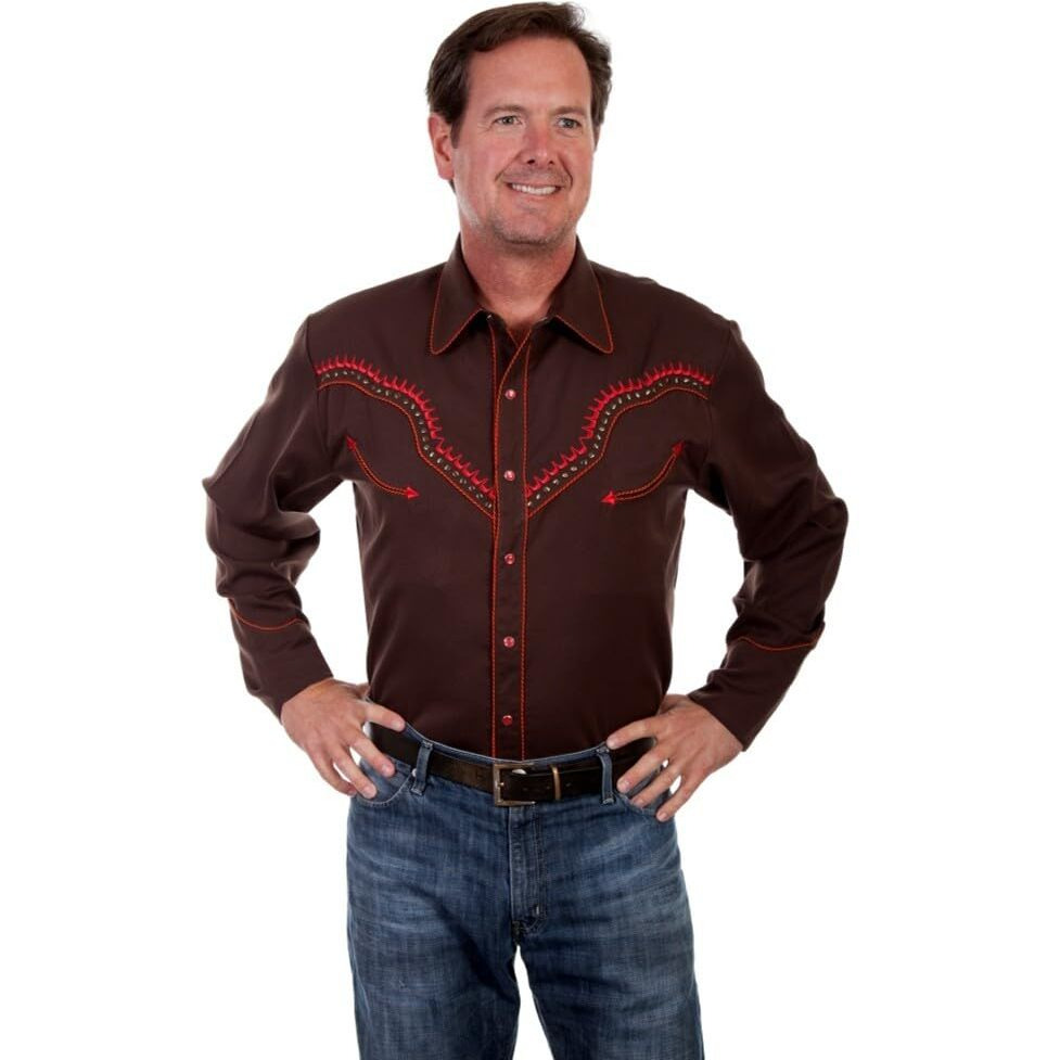 Scully Men's Thunderbird Embroidered Long Sleeve Pearl Snap Western Shirt Chocolate X-