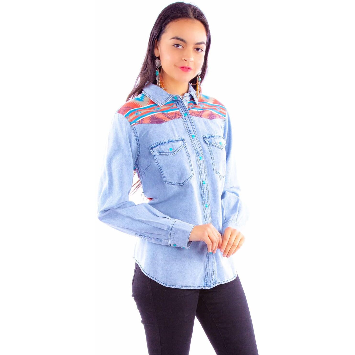 Scully Western Shirt Womens L/S Aztec Print Yoke Snap L Denim F0_HC916