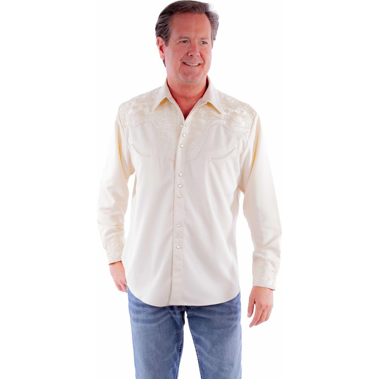 Scully Men's Gunfighter Embroidery Long Sleeve Snap Western Shirt - P-634-IVO X-