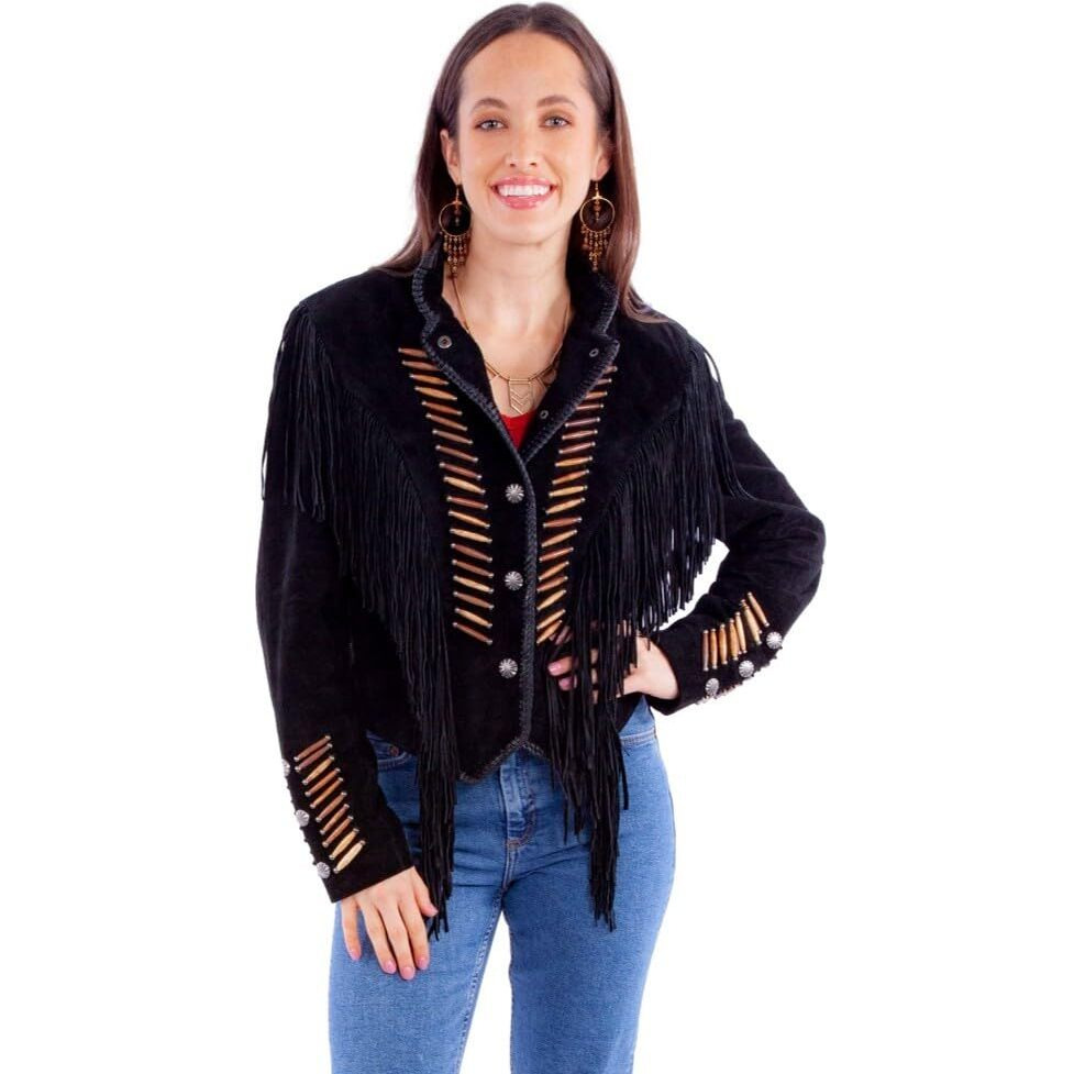 Scully Women's Beaded and Lace Fringe Jacket - L1100-BLK X- US Black