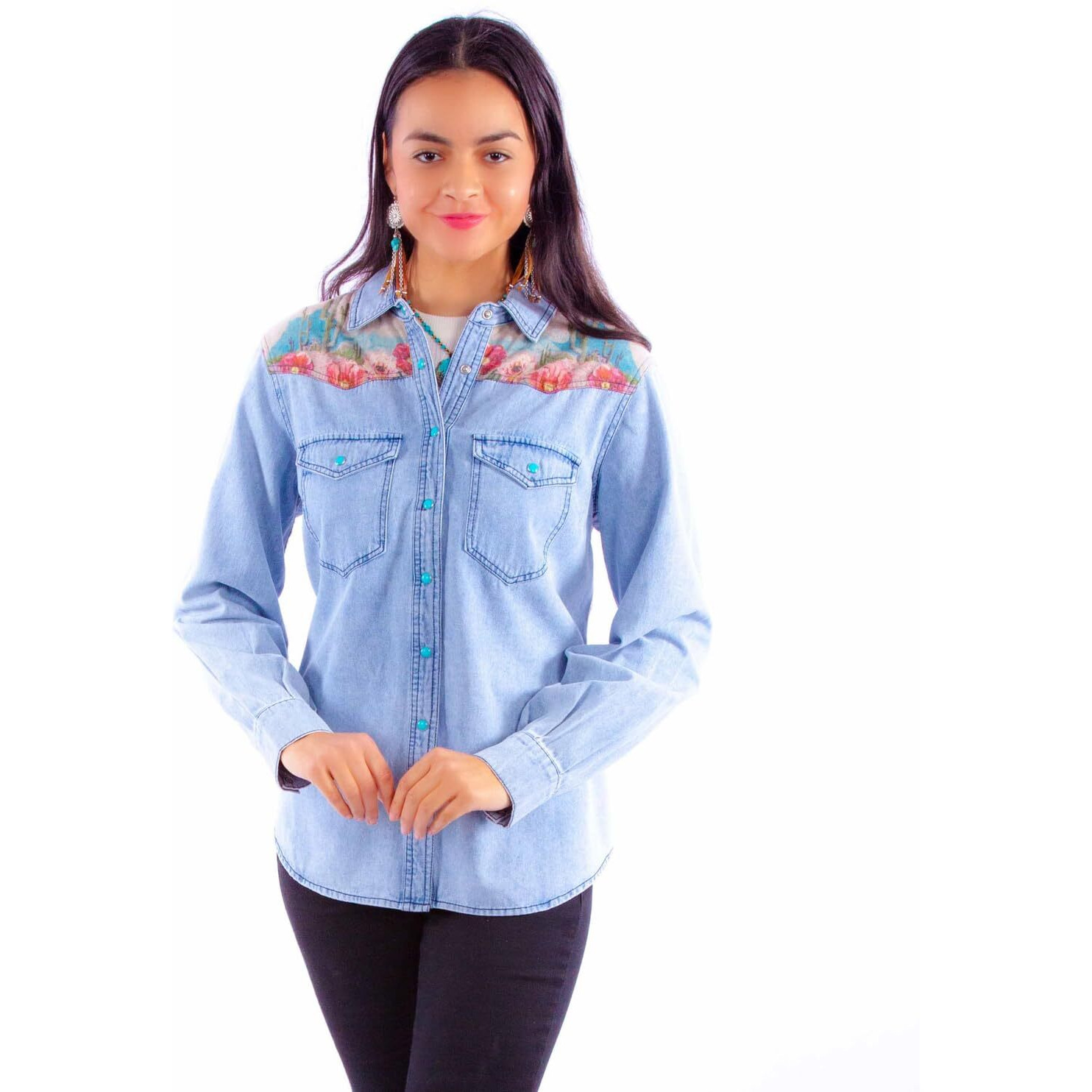 Scully Western Shirt Womens L/S Cactus Yoke Snap S Denim F0_HC901