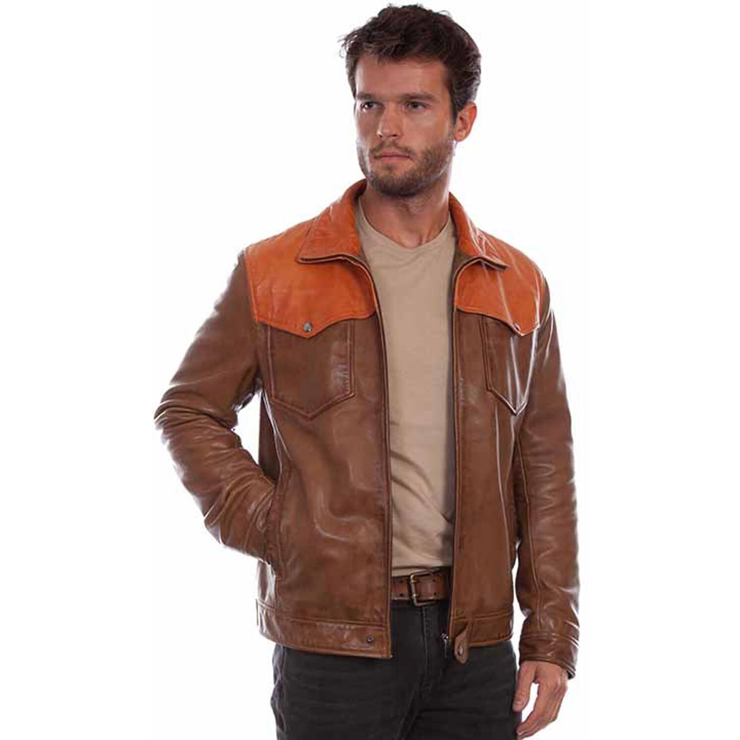 Scully Western Jacket Mens Zip Contrast Leather 3X Saddle Tan F0_2018