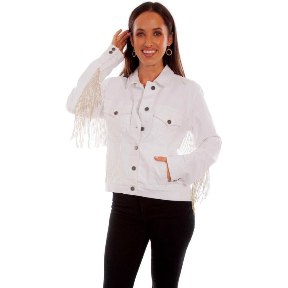 Scully Womens White Cotton Blend Rhinestone Fringe Jacket 3X