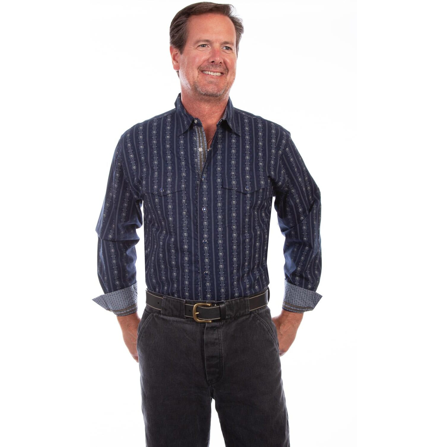 Scully Men's Skull Striped Long Sleeve Pearl Snap Western Shirt - PS-093-NVY XX-