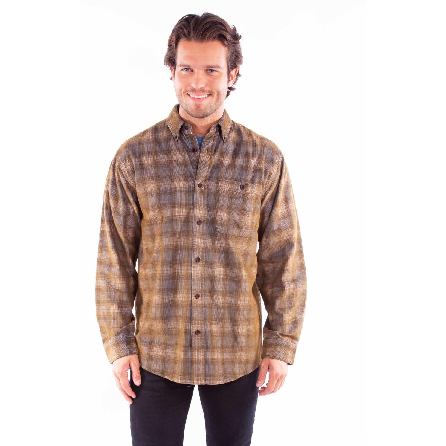 Scully Western Shirt Mens L/S Corduroy Plaid M Blue Brown F0_5359