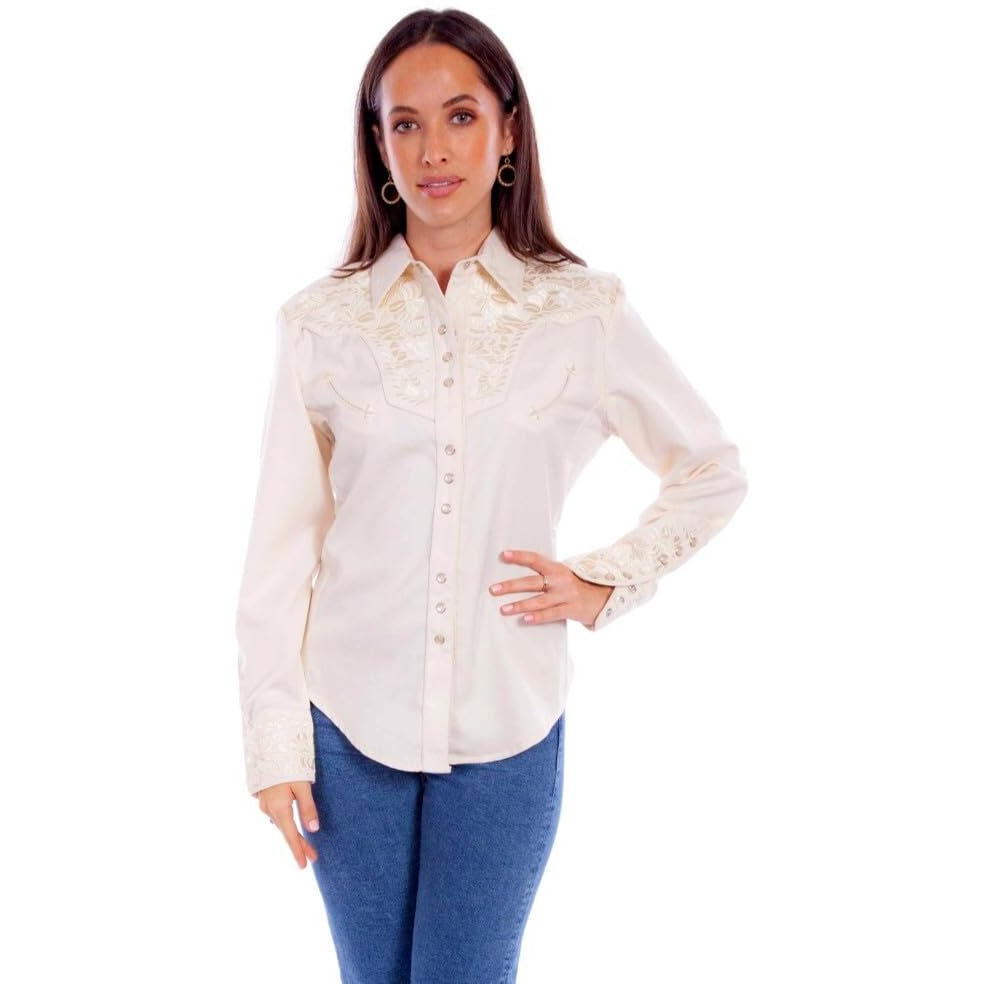 Scully Women's Floral Embroidered Long Sleeve Pearl Snap Western Shirt - PL-654-IVRY US Ivory