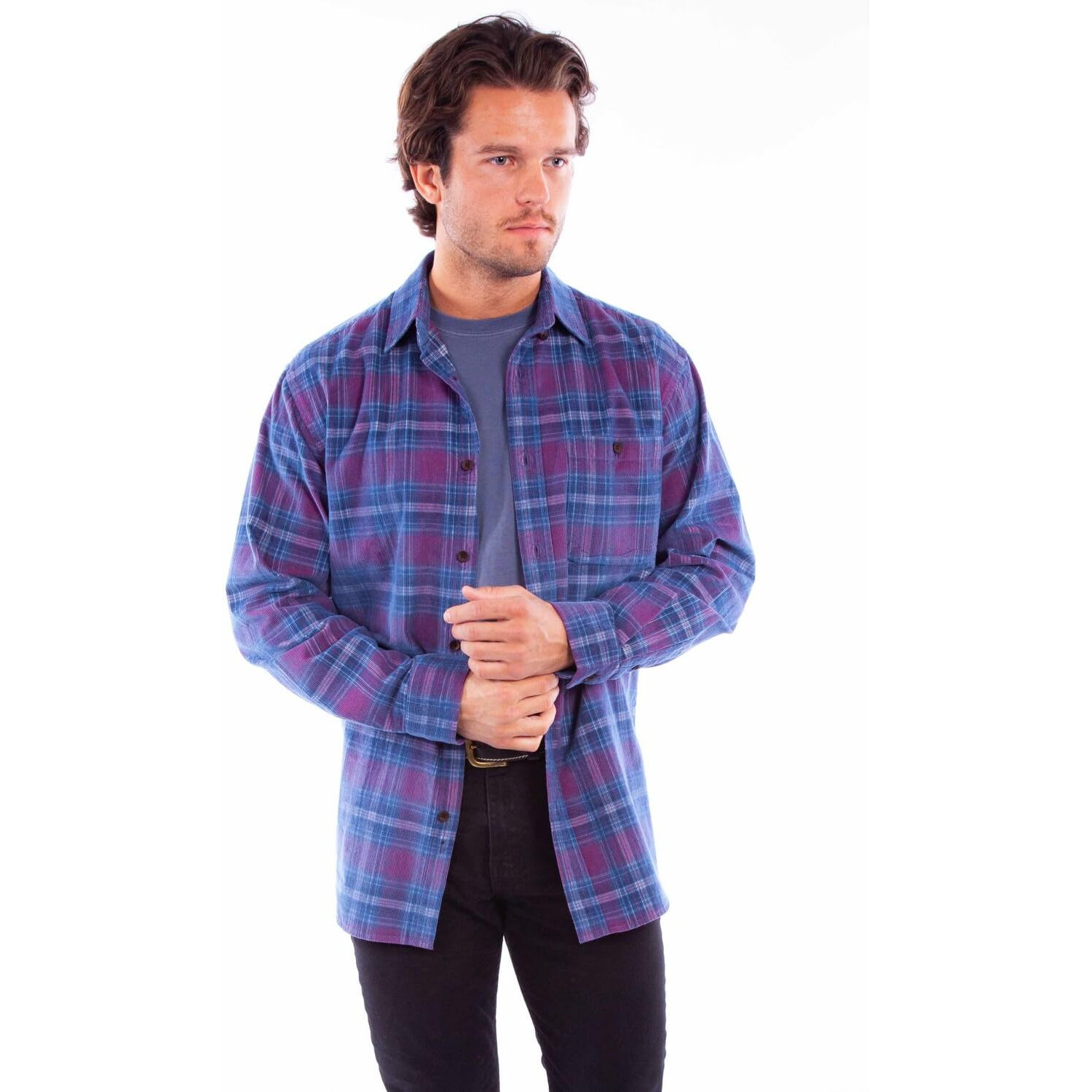 Scully Western Shirt Mens L/S Corduroy Plaid Button L Red Blue F0_5360