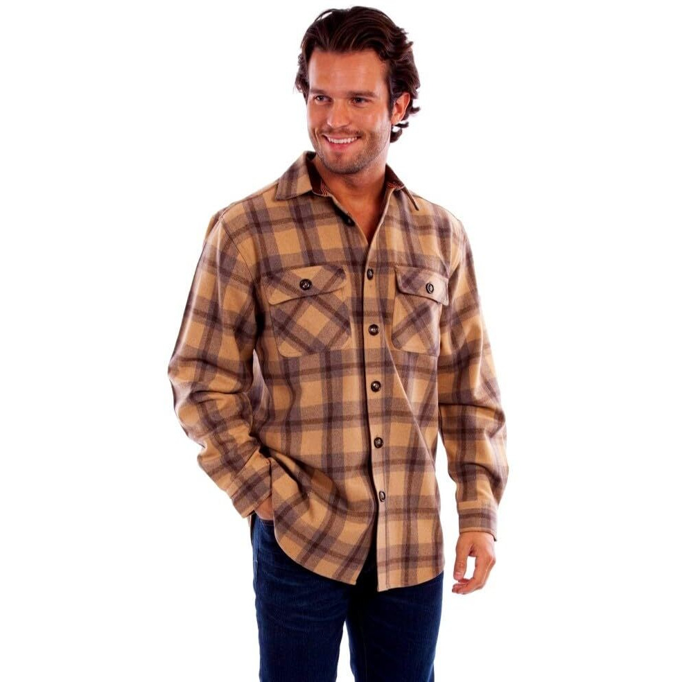 Scully Western Shirt Mens L/S Wool Blend Flannel XL Tan F0_5353