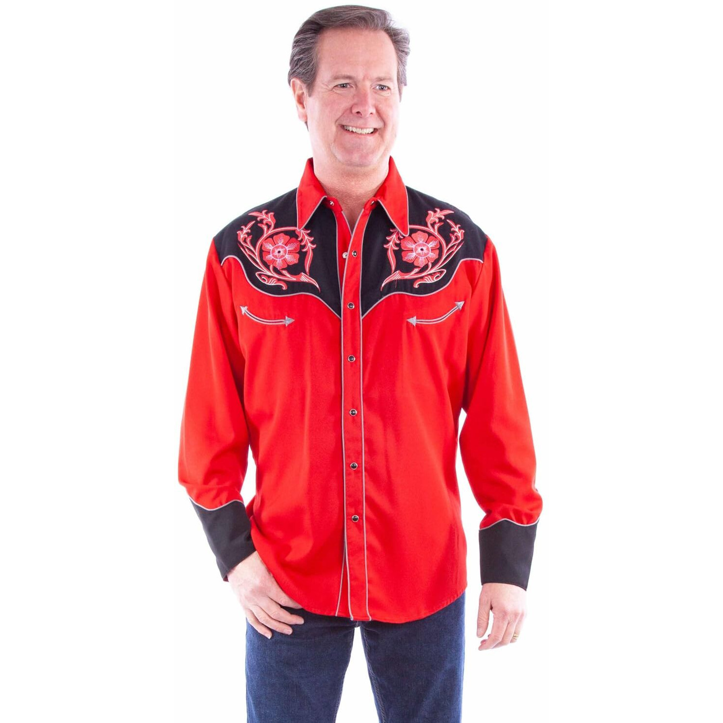 Scully Men's Floral Embroidered Long Sleeve Snap Western Shirt Red 3X