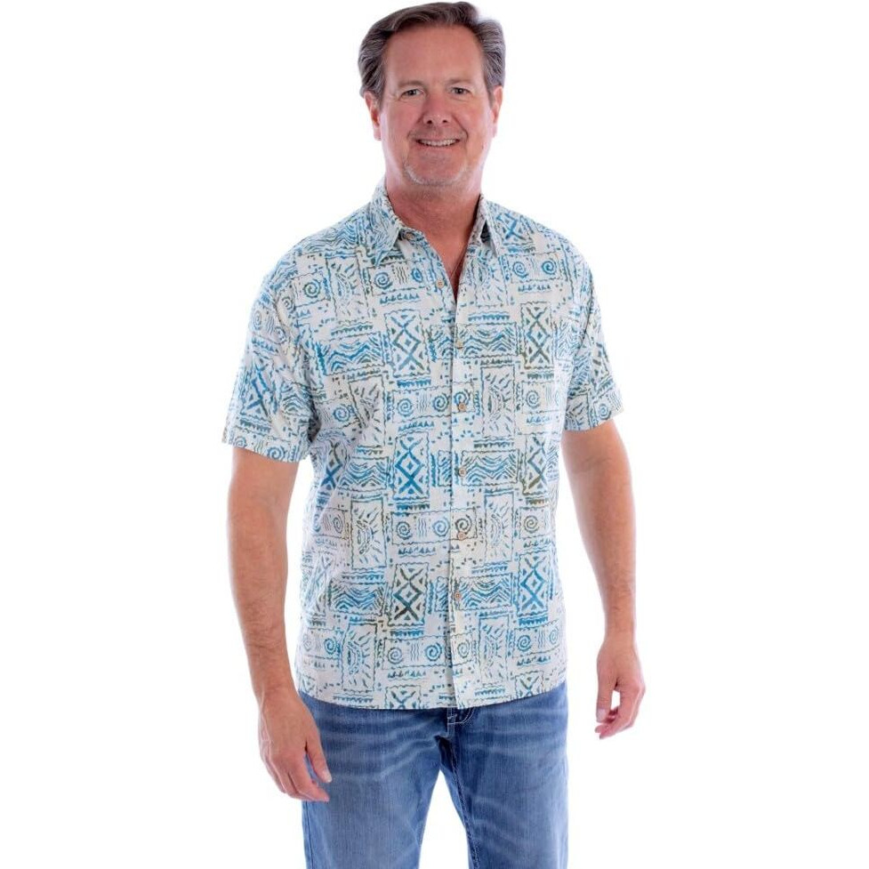 Scully Western Shirt Mens S/S Batik Allover Print XL Off White F0_5378