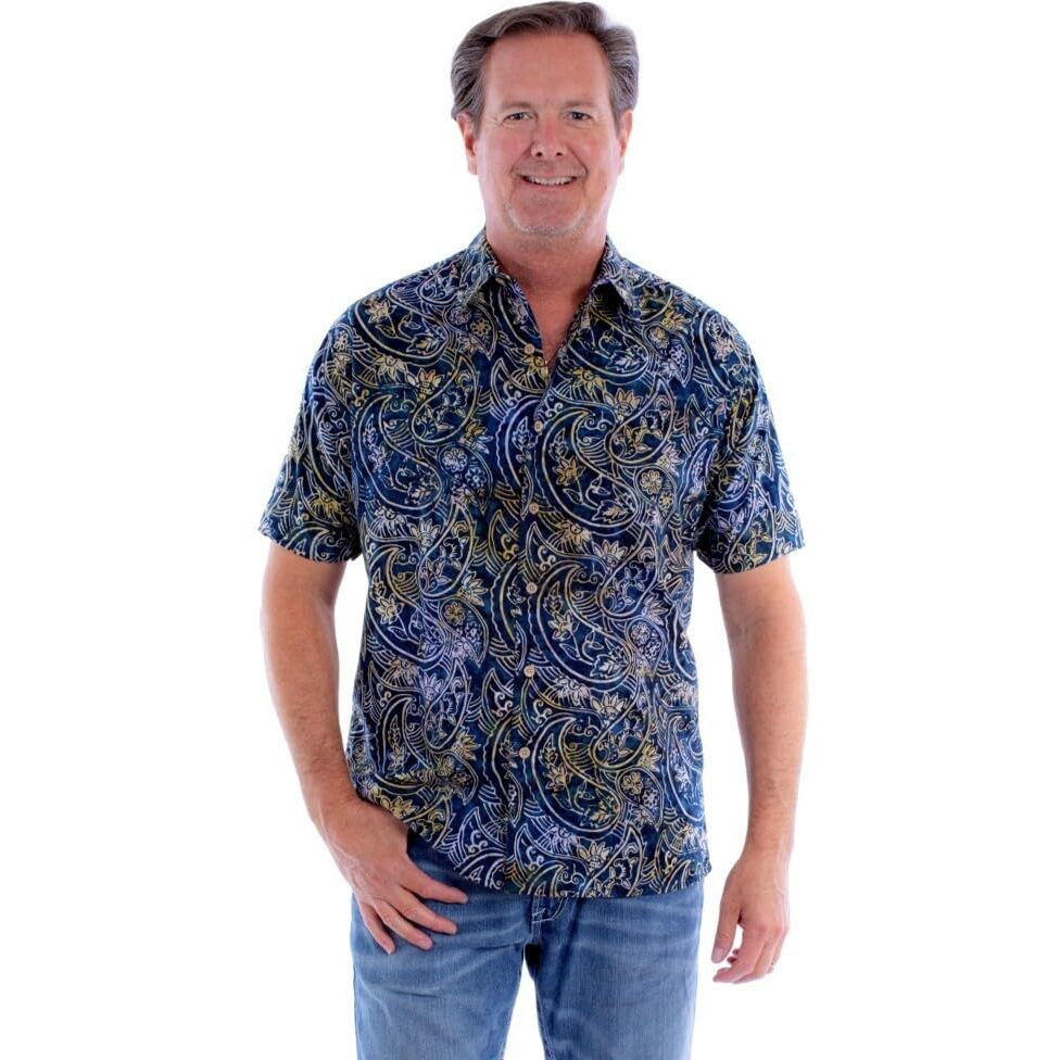 Scully Western Shirt Mens S/S Batik Paisley Print XL Navy F0_5377