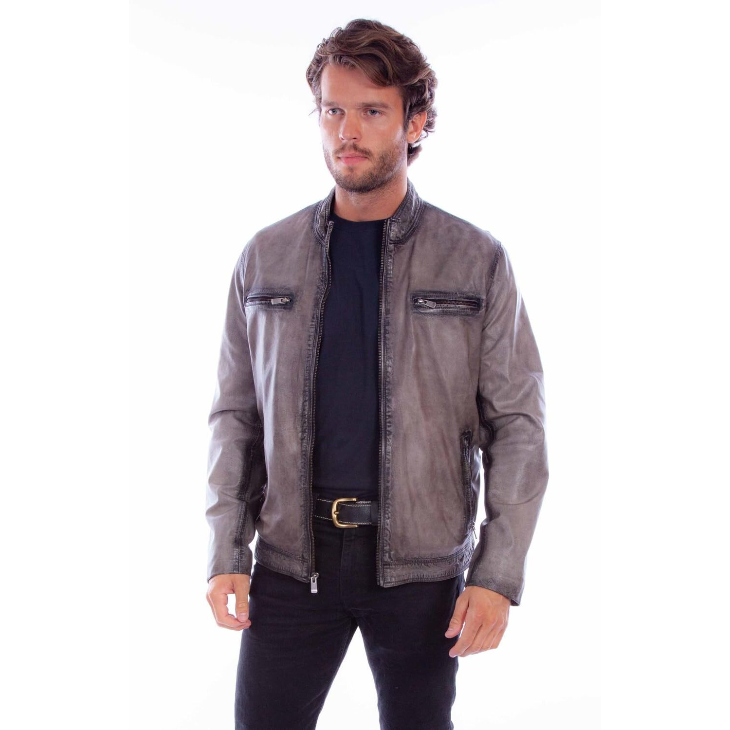 Scully Western Jacket Mens Leather Distressed Zip Front L Gray F0_2040