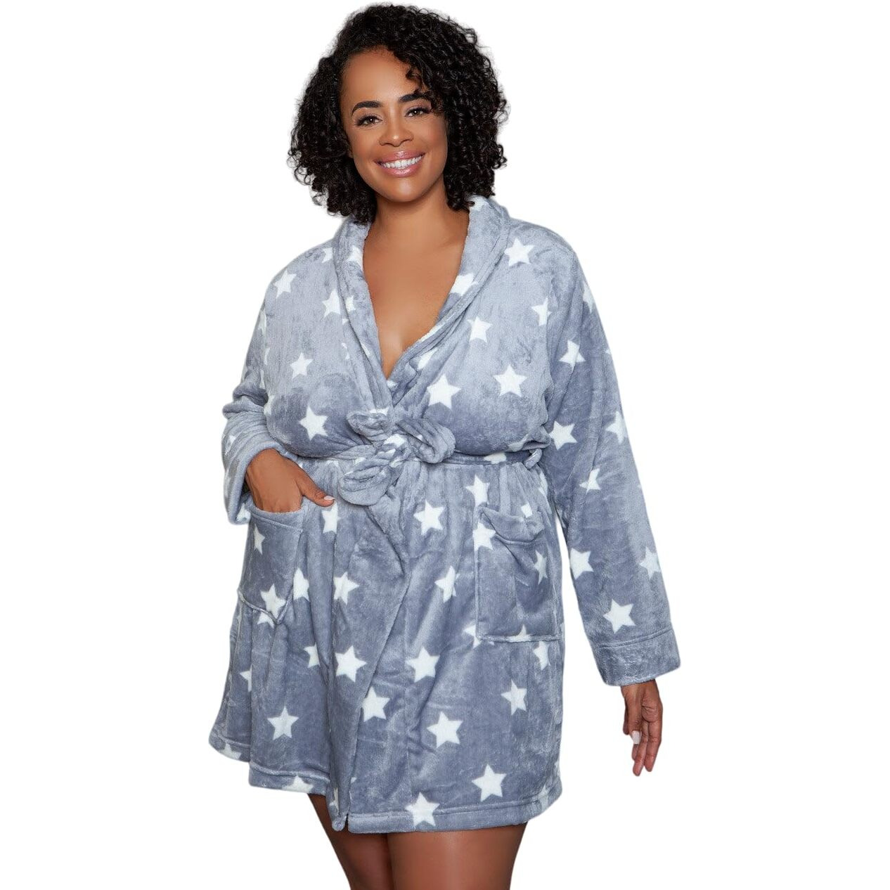 Be Wicked Womens Kaylee Mid-Length Plush Robe, 2X-3X, Dark Grey- White