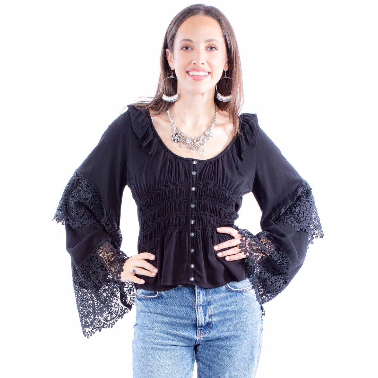 Scully Western Shirt Womens L/S Crochet Bell Sleeve L Black F0_HC860