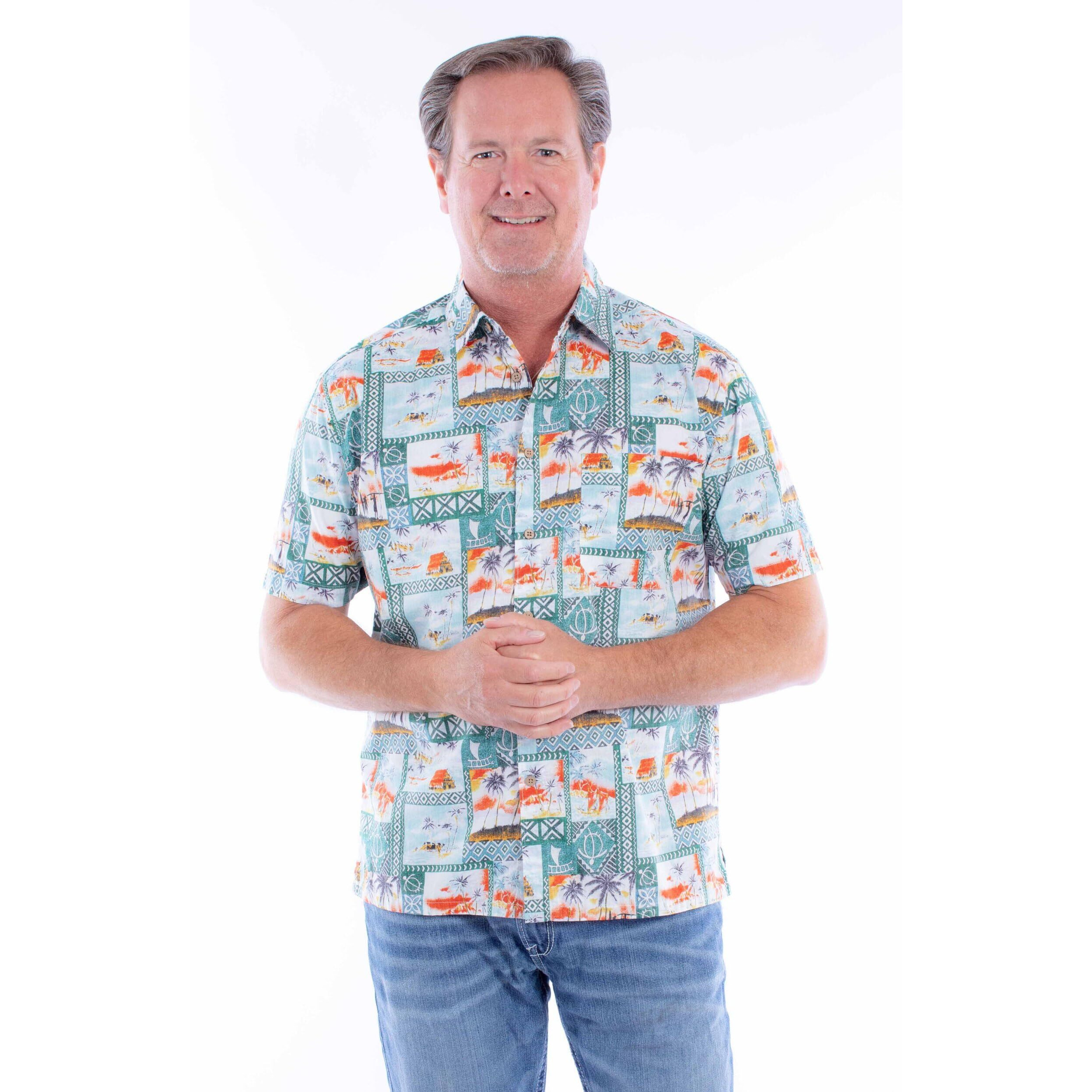 Scully Western Shirt Mens S/S Hawaiian Images Button XXL Pine F0_5374
