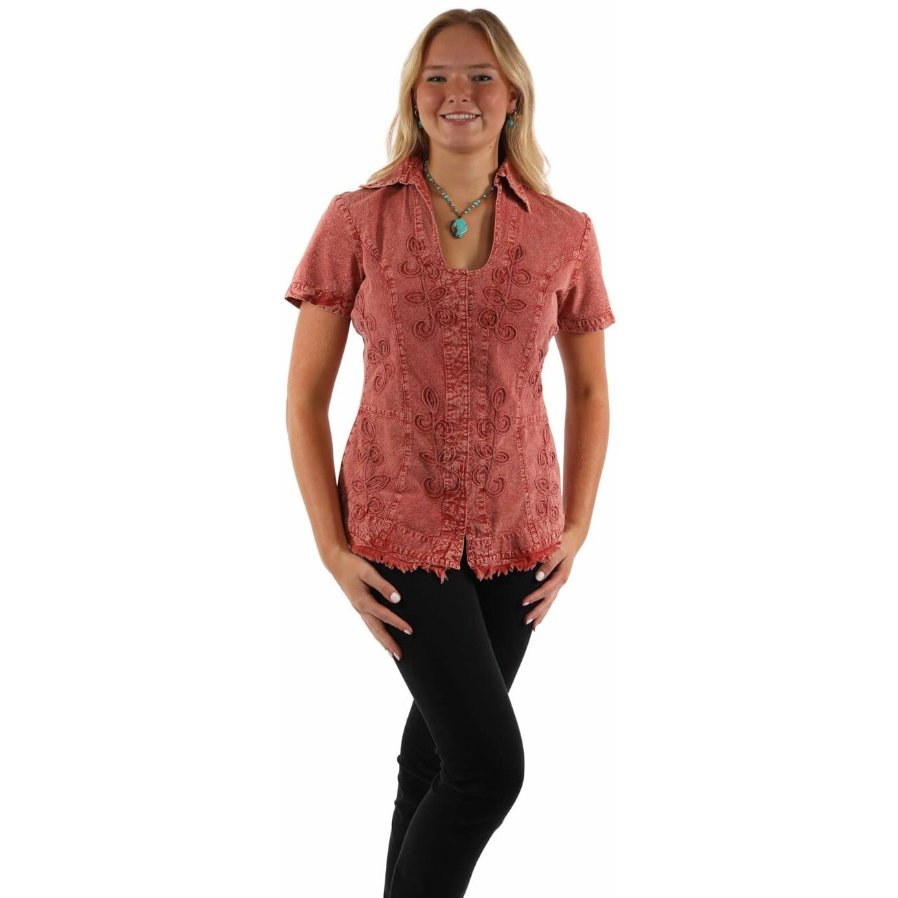 Scully Western Shirt Womens S/S Embroidered XL Brick F0_PSL-273