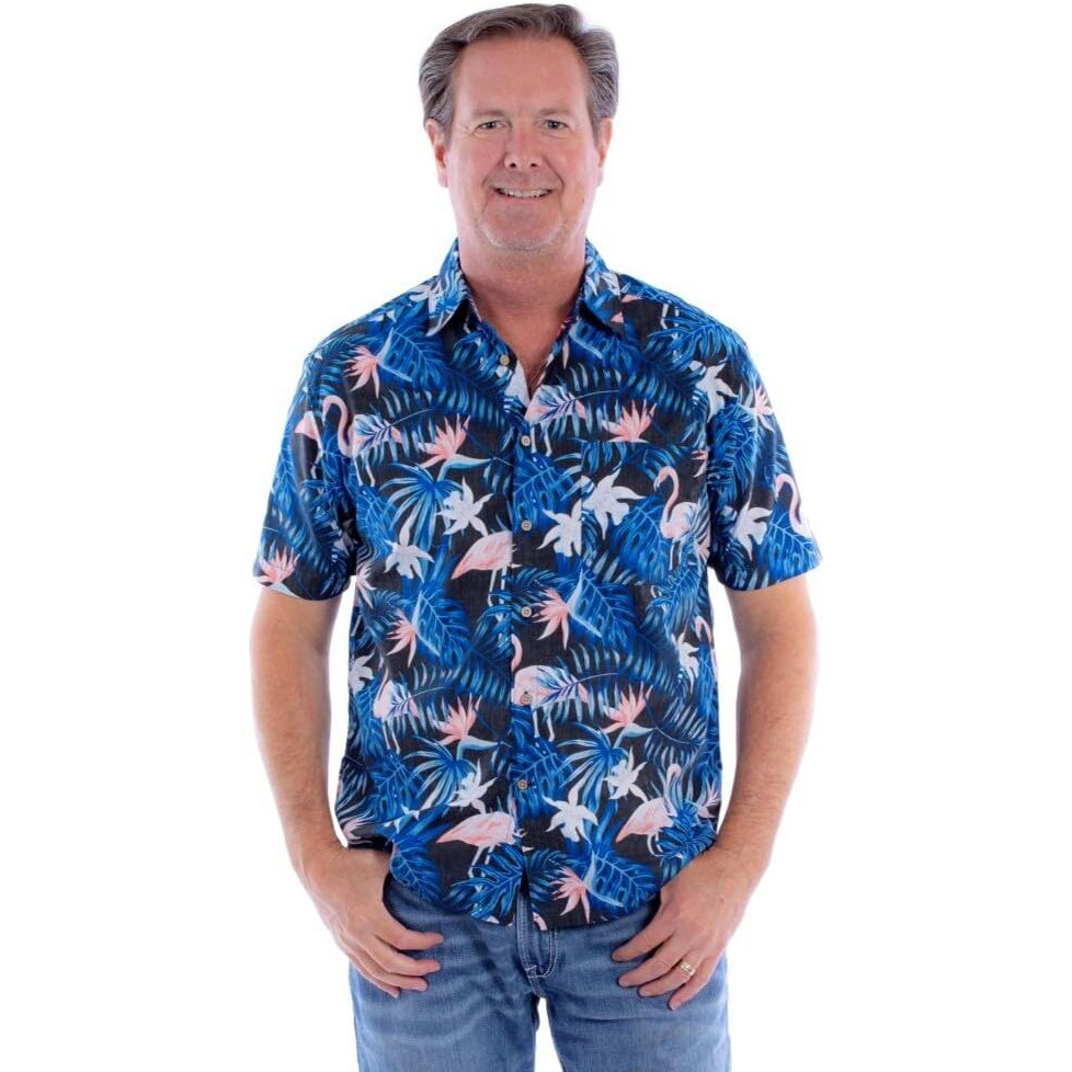 Scully Western Shirt Mens S/S Flamingos & Ferns Button S Black F0_5373