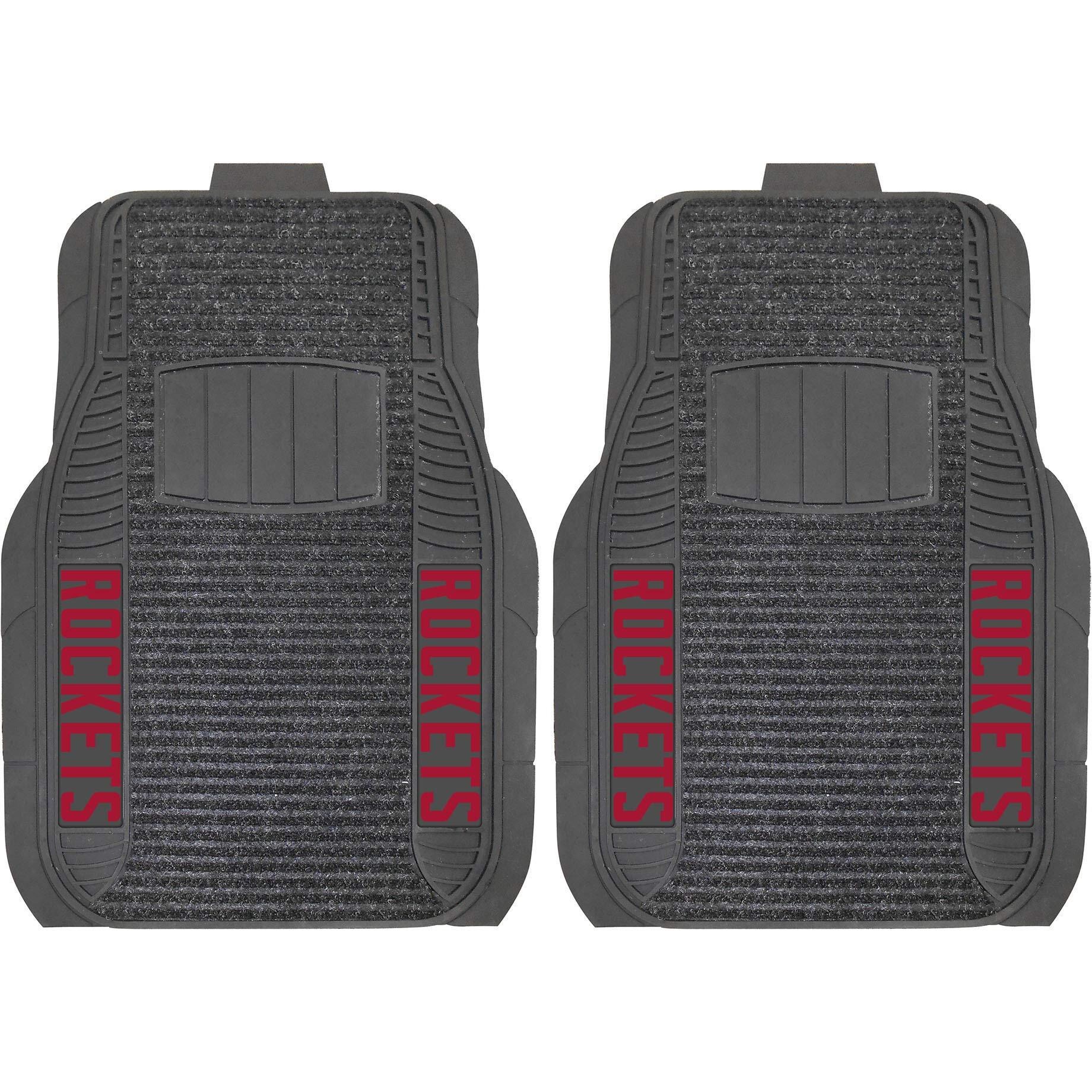 FANMATS 25577 Houston Rockets 2-Piece Deluxe Car Mat Set, Vinyl Trim and Colored Team Logo, Dual Rib Charcoal Carpet, Trimmable Edges