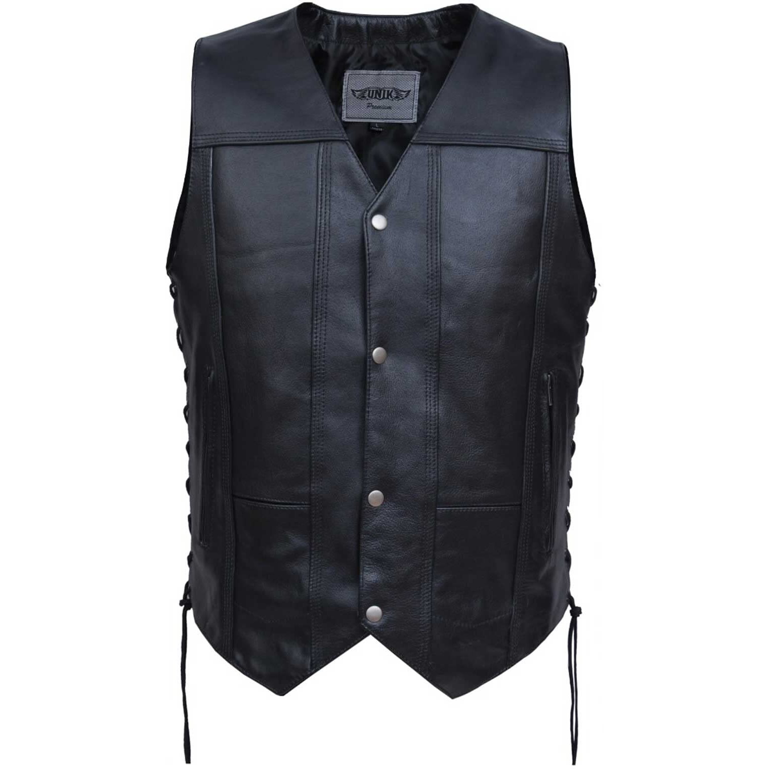 Men's Premium Motorcycle Leather 10-Pocket Vest,Black,Size - Medium