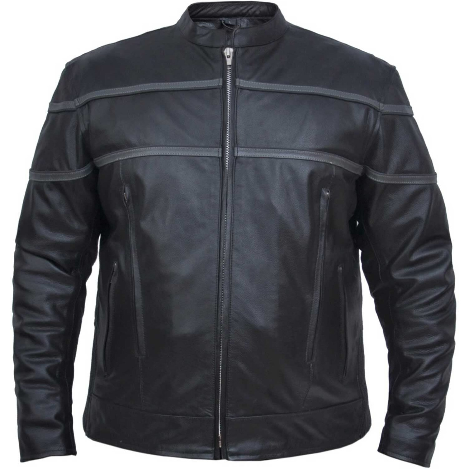 UNIK Men's Premium Scooter Gray Striped Cowhide Leather Motorcycle Jacket- Black