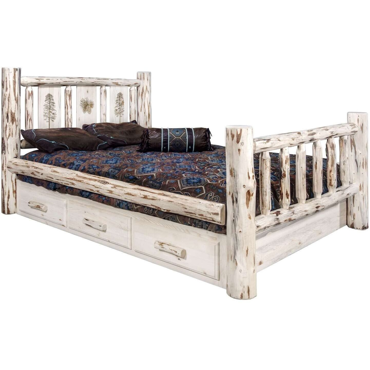 Montana Woodworks Pine Design Storage Engraved Bed in Clear Lacquer Finish (Full 87 in. L x 60 in. W x 47 in. H (336 lbs.))