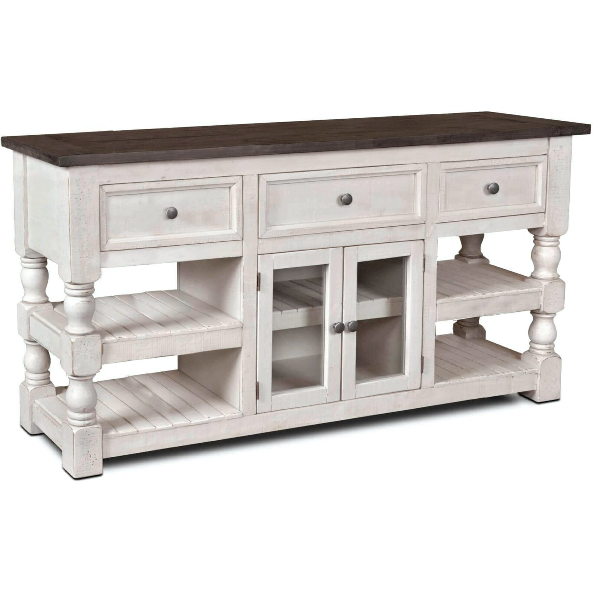 Sunset Trading Rustic French 70" 3 Drawer | 2 Door Glass Storage Cabinet | 4 Open Shelves | Distressed Solid Wood Console Table, Cottage White and Brown