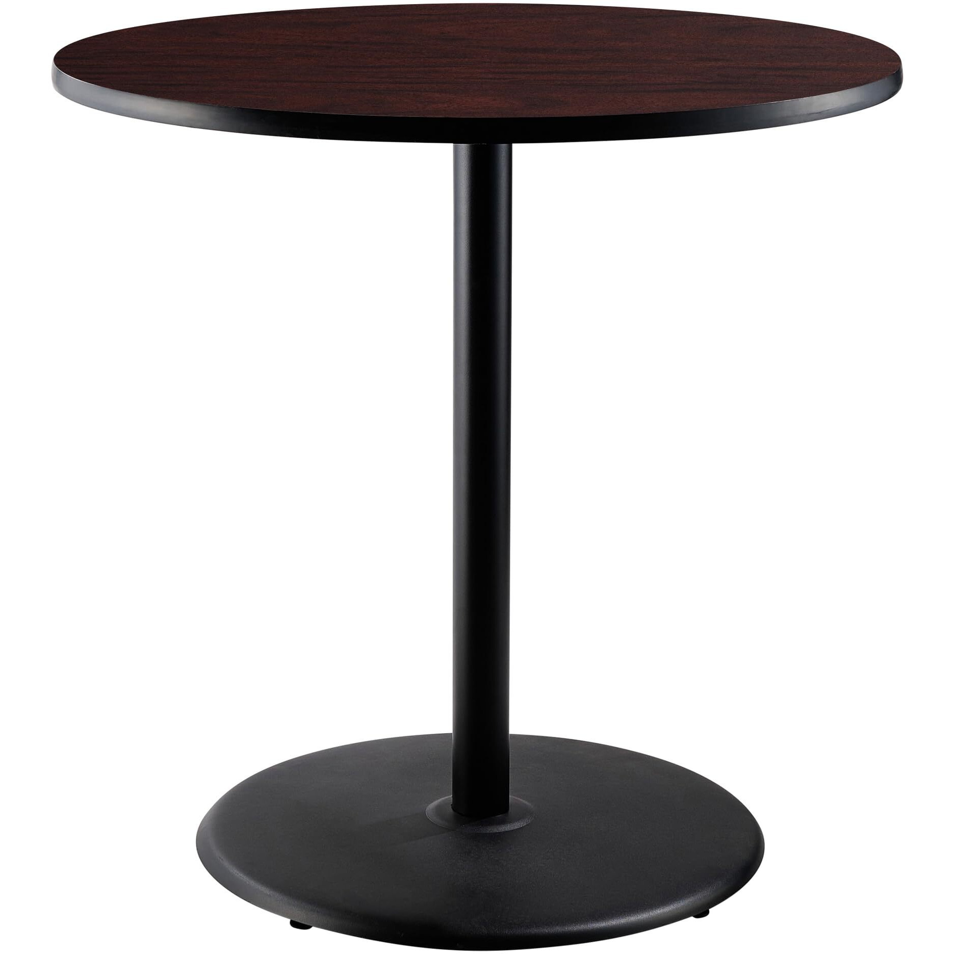 National Public Seating NPS 36" Round Cafe Table with Round Base, 42" Height, Particleboard Core/T-Mold, Mahogany Top, Black Frame