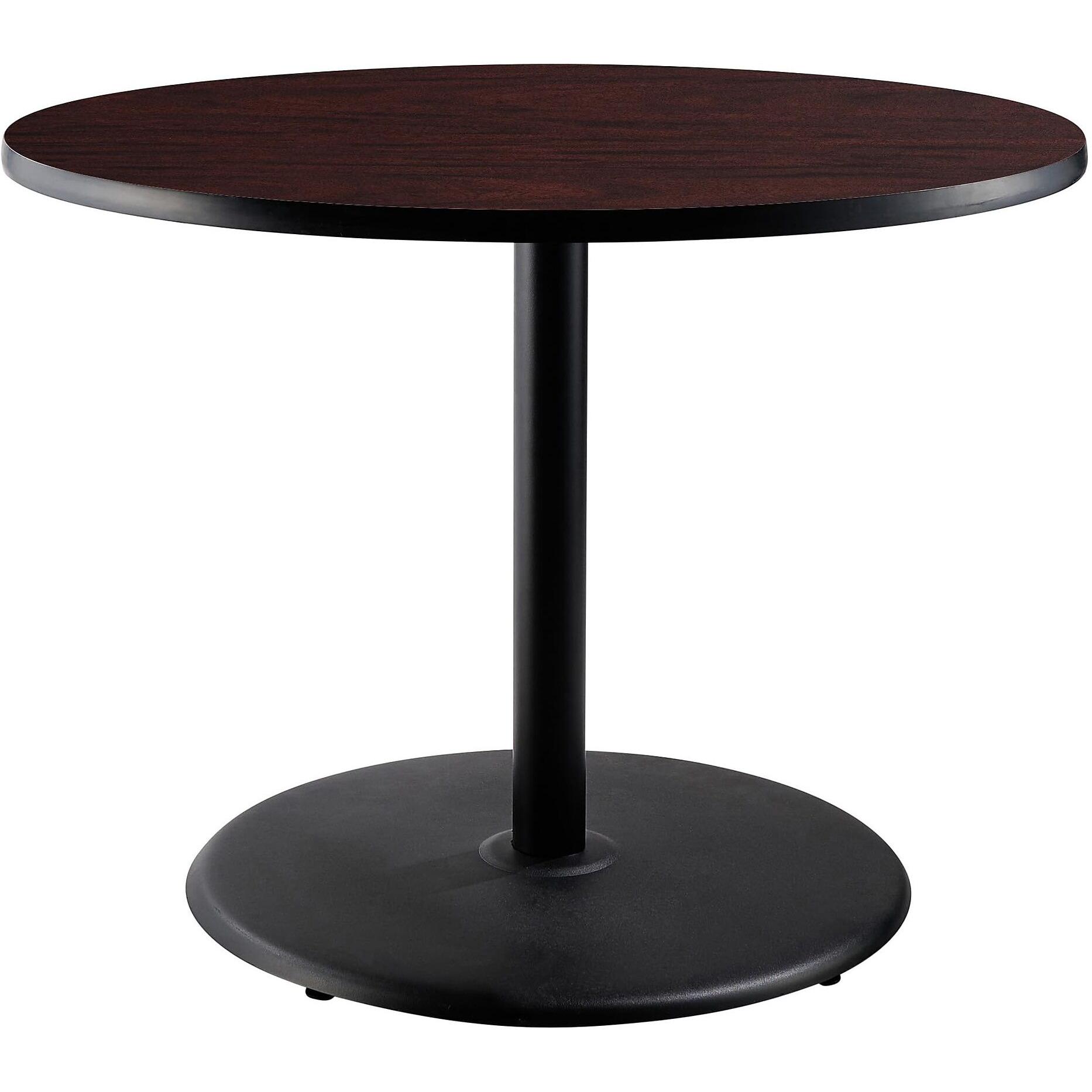 National Public Seating NPS 36" Round Cafe Table with Round Base, 30" Height, Particleboard Core/T-Mold, Mahogany Top, Black Frame