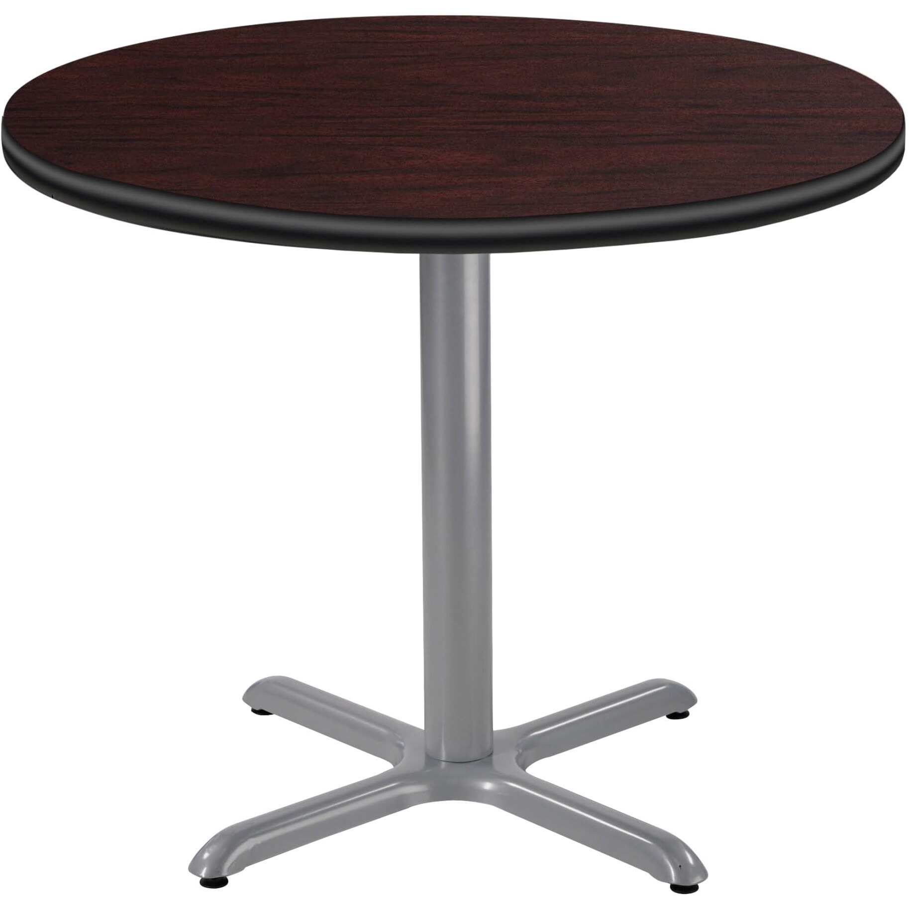 National Public Seating NPS 36" Round Cafe Table with X Base, 30" Height, Particleboard Core/T-Mold, Mahogany Top, Grey Frame